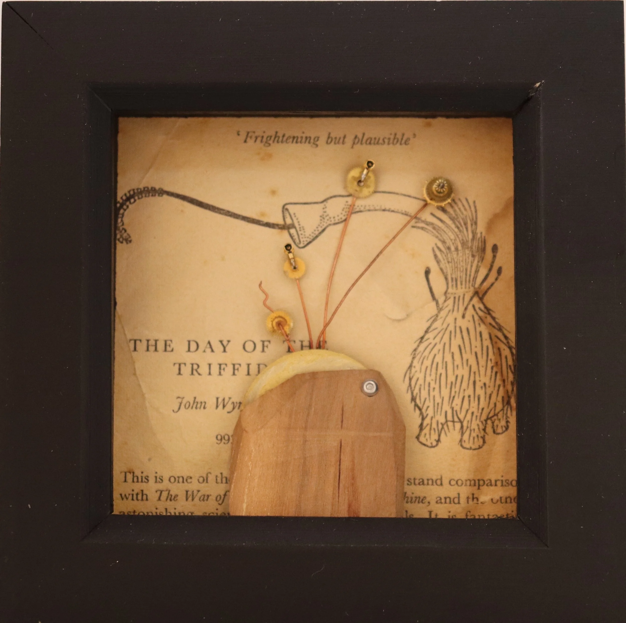 A framed mixed-media art piece combining vintage paper, a wooden heart, and small metal parts, with a background of illustrated animal and quote from John Wyndham.
