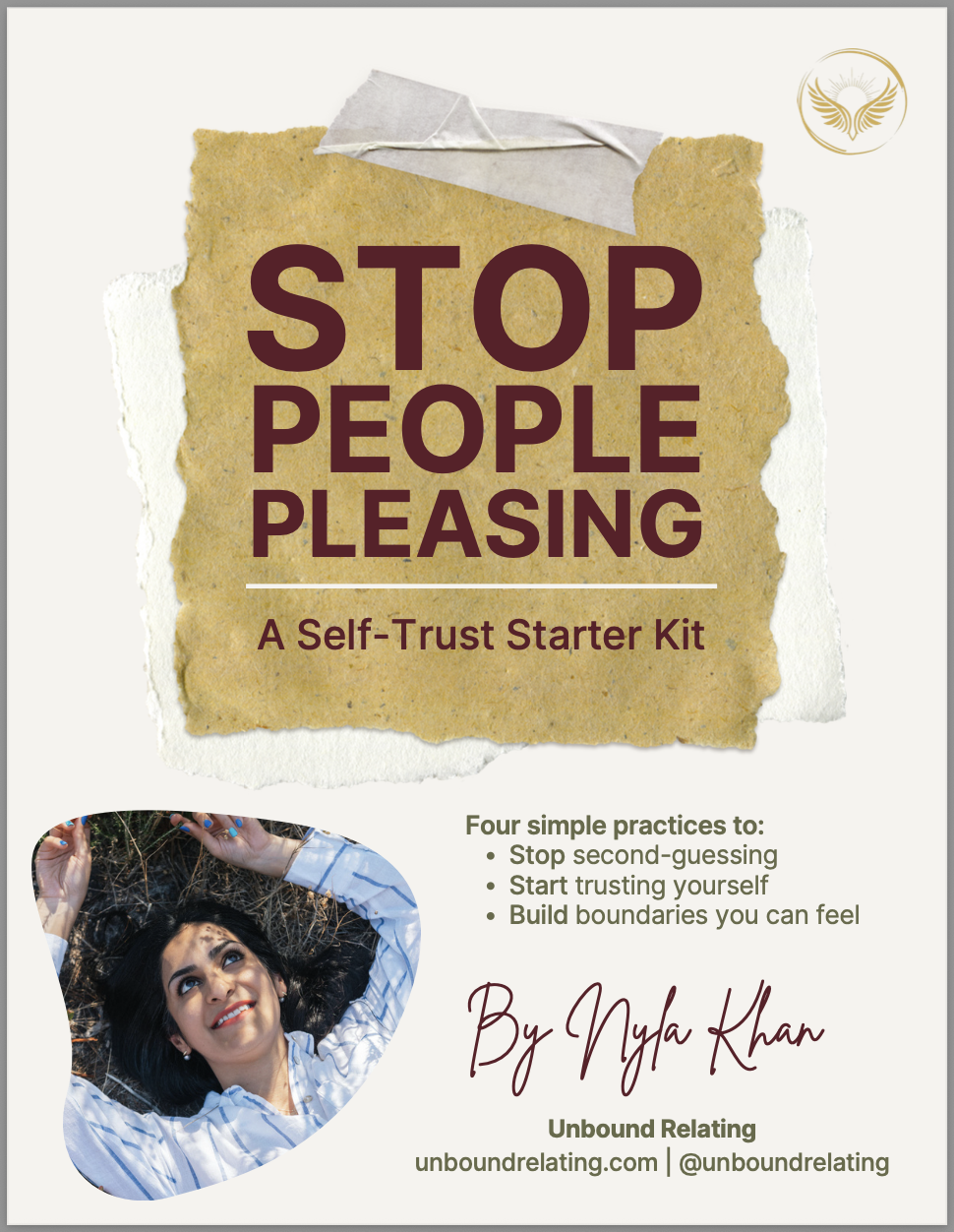 Book cover titled 'Stop People Pleasing: A Self-Trust Starter Kit' by Nyla Khan, featuring a woman lying on grass and a logo in the top right corner.