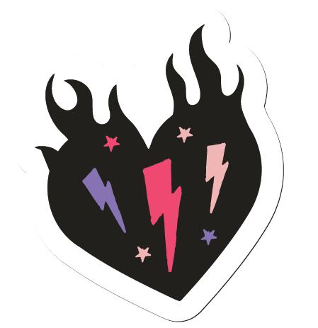 A black heart with flames, decorated with pink stars and purple lightning bolt symbols.