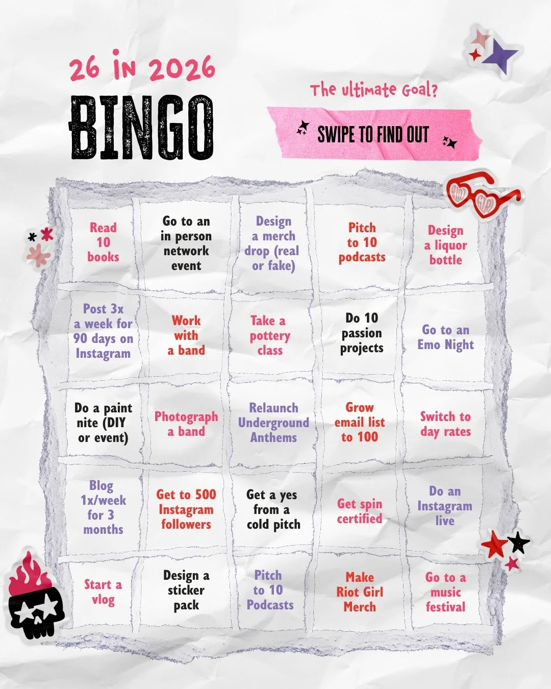 I&rsquo;m always down to gamify anything I possibly can. So I made a lil bingo board of my goals for the year. 

If you see one you could help me cross off the board&hellip; shoot me a DM and let&rsquo;s get BINGO 😏🖤⚡️