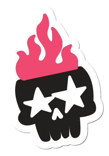 A cartoon skull with pink flames and star-shaped eyes