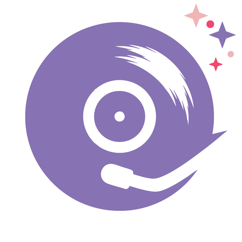 Illustration of a purple DJ turntable with a mixer, surrounded by colorful stars and sparkles.