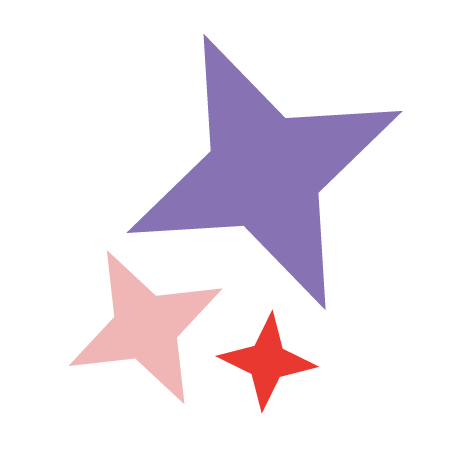 Three colorful five-pointed stars in purple, pink, and red with a white sticker border.