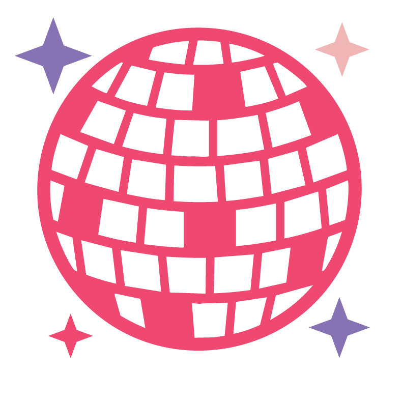 A pink disco ball with a grid pattern reflecting light, surrounded by four star-shaped sparkles in purple and pink.