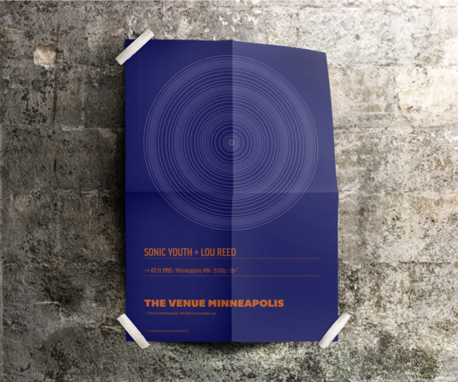 Blue concert poster for Sonic Youth and Lou Reed at The Venue Minneapolis, with concentric circle design, taped to a rough concrete wall.