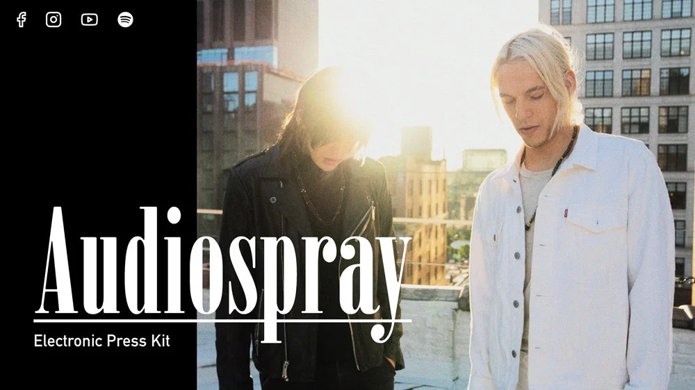 Two young people standing on a rooftop in a city at sunset, with the word 'Audiospray' and 'Electronic Press Kit' written across the front.