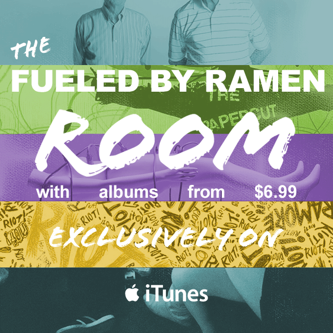 Advertisement for a music collection called 'The Fueled by Ramen Room' available on iTunes, featuring a background with various colorful graffiti-style designs and two people in the background.