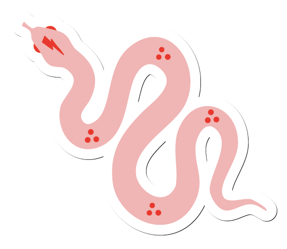 Illustration of a snake with a red lightning bolt on its head and red spots along its body.