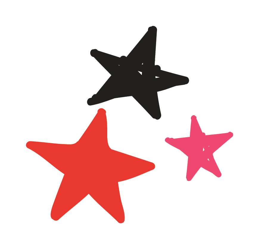 Three colorful stars, one red, one black, and one pink, with a white sticker border.