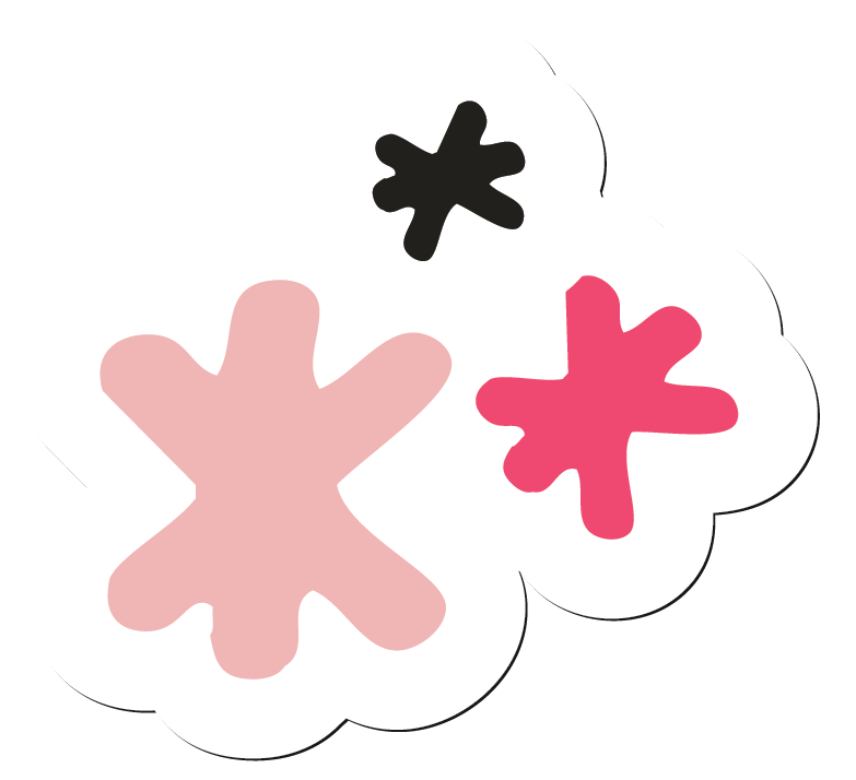 Cartoon drawing of three colorful stars in pink, red, and black with a white sticker border.