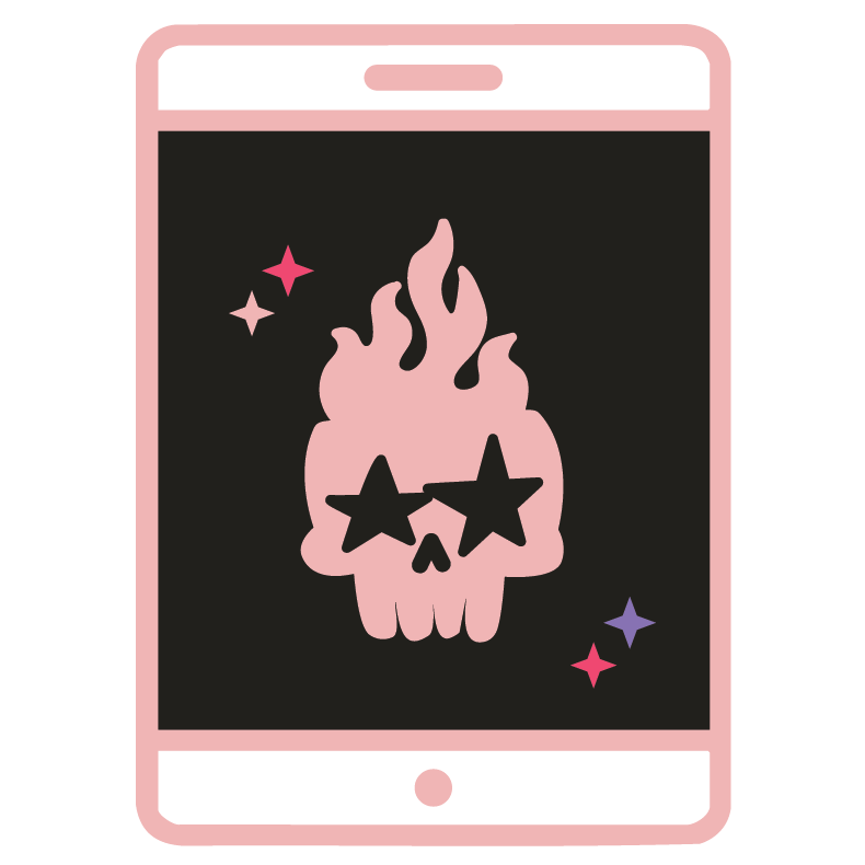 Stylized illustration of a smartphone with a pink border displaying a graphic of a pink flaming skull with star-shaped eyes and flames on top, set against a black background with small colorful star shapes.
