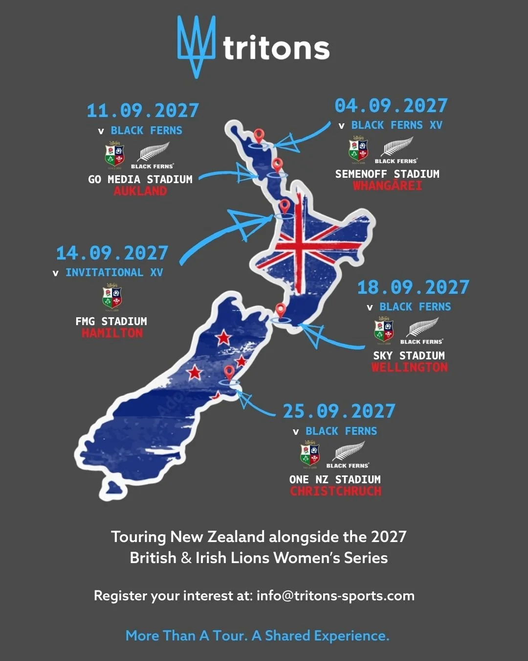 The first ever Women&rsquo;s British and Irish Lions tour to New Zealand.

This is not just a trip.

This is a moment in the history of rugby.

There will never be another first.

We&rsquo;ll be touring New Zealand alongside the series.

Players and 