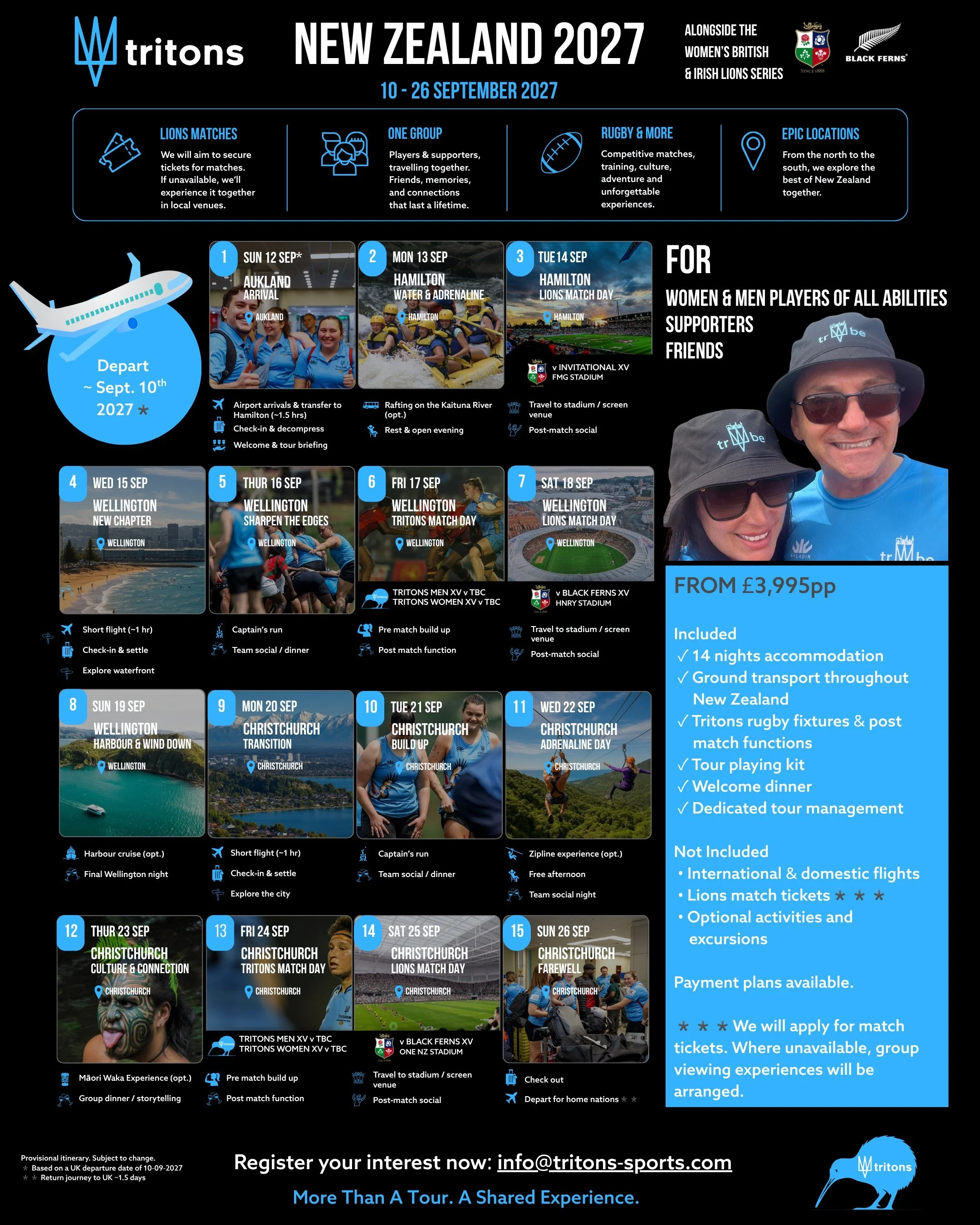 Updated itinerary now live 🇳🇿🏉

This isn&rsquo;t just a rugby tour.

It&rsquo;s 15 days travelling across New Zealand alongside the first ever Women&rsquo;s British &amp; Irish Lions Tour.

From Hamilton to Wellington. Christchurch to the South Is
