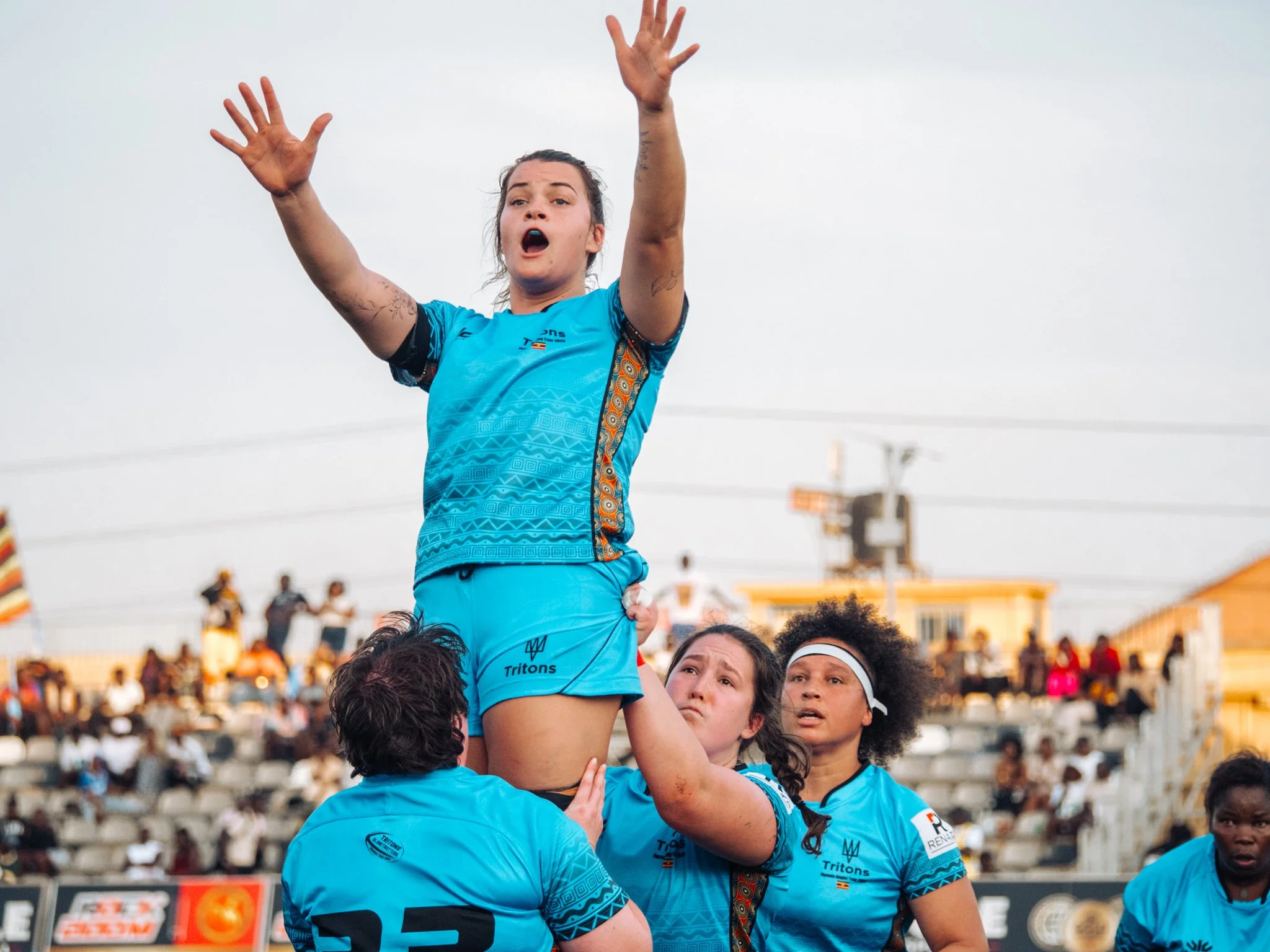 Women's rugby team during match on Tritons international rugby tour in Uganda