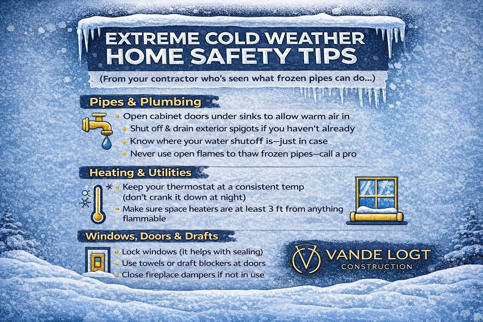 PSA from your contractor: frozen pipes are not a fun surprise. ❄️
A few simple steps now can save you a BIG mess later.
✔️ Save this. ✔️ Share it.