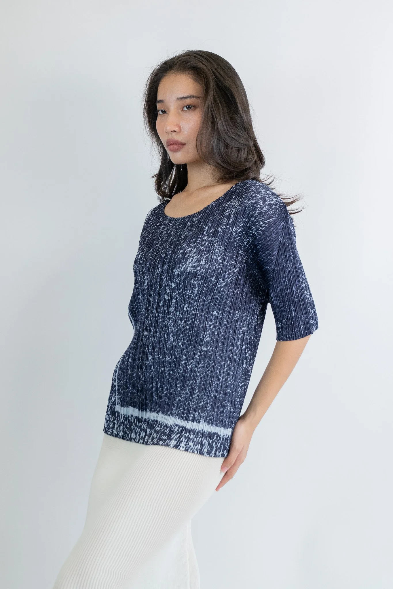 Issey Miyake Non Label Printed Denim Pleated Top