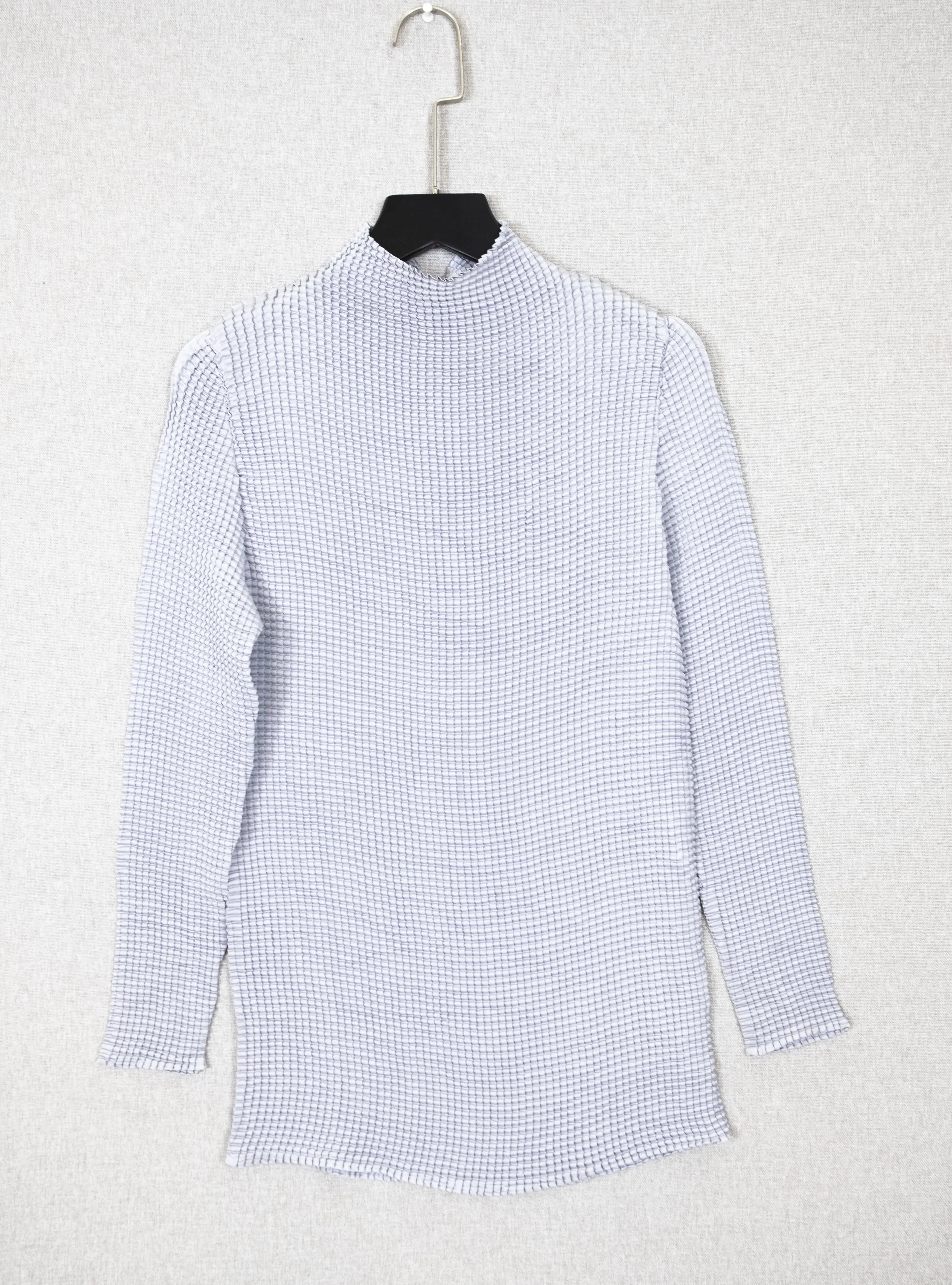 Light Grey Waffle Pleated Long Sleeve Top