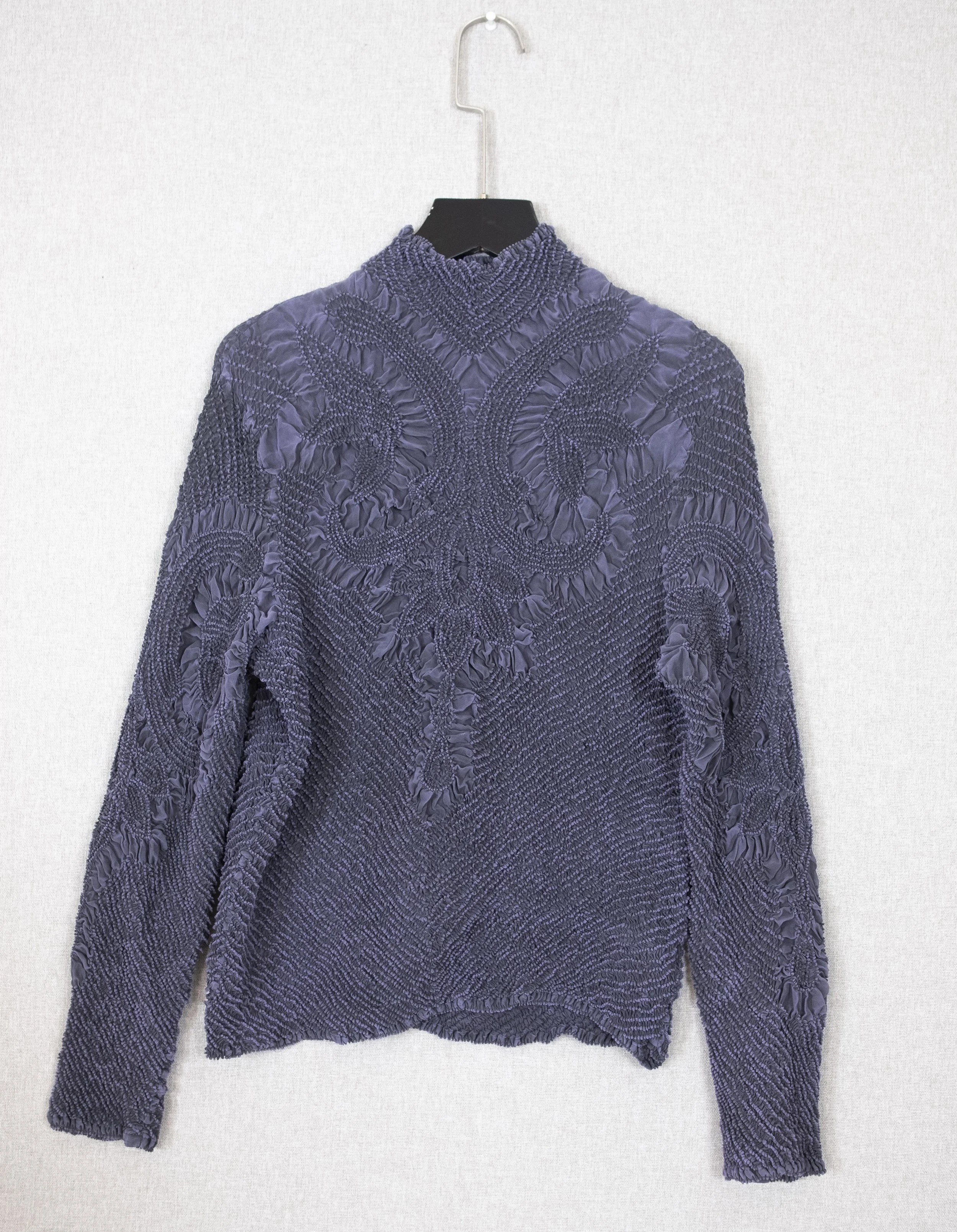 Smocked Lace-Pattern High-Neck Top