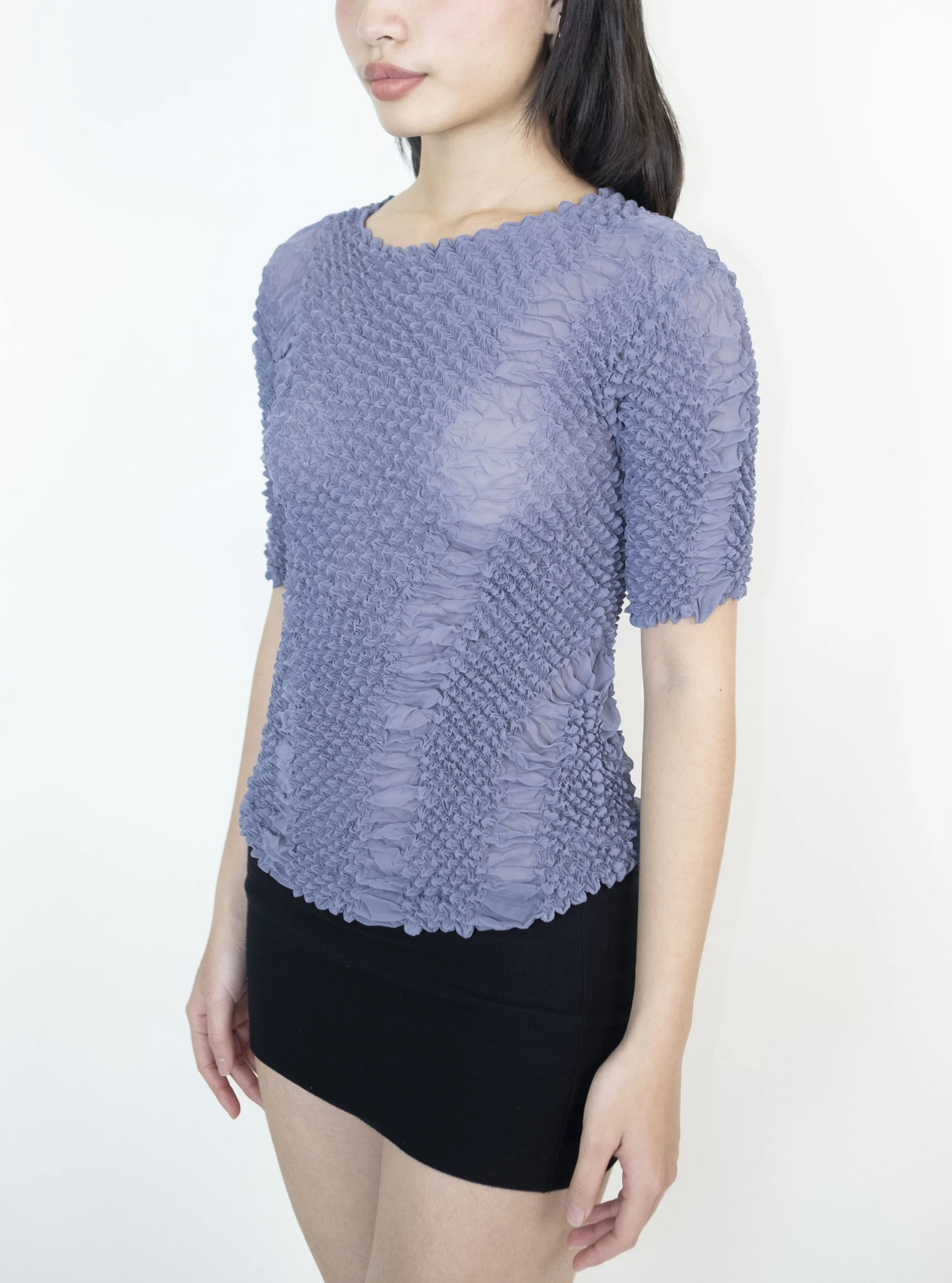 Lavender Pattern Crinkled Popcorn Short-Sleeve Top