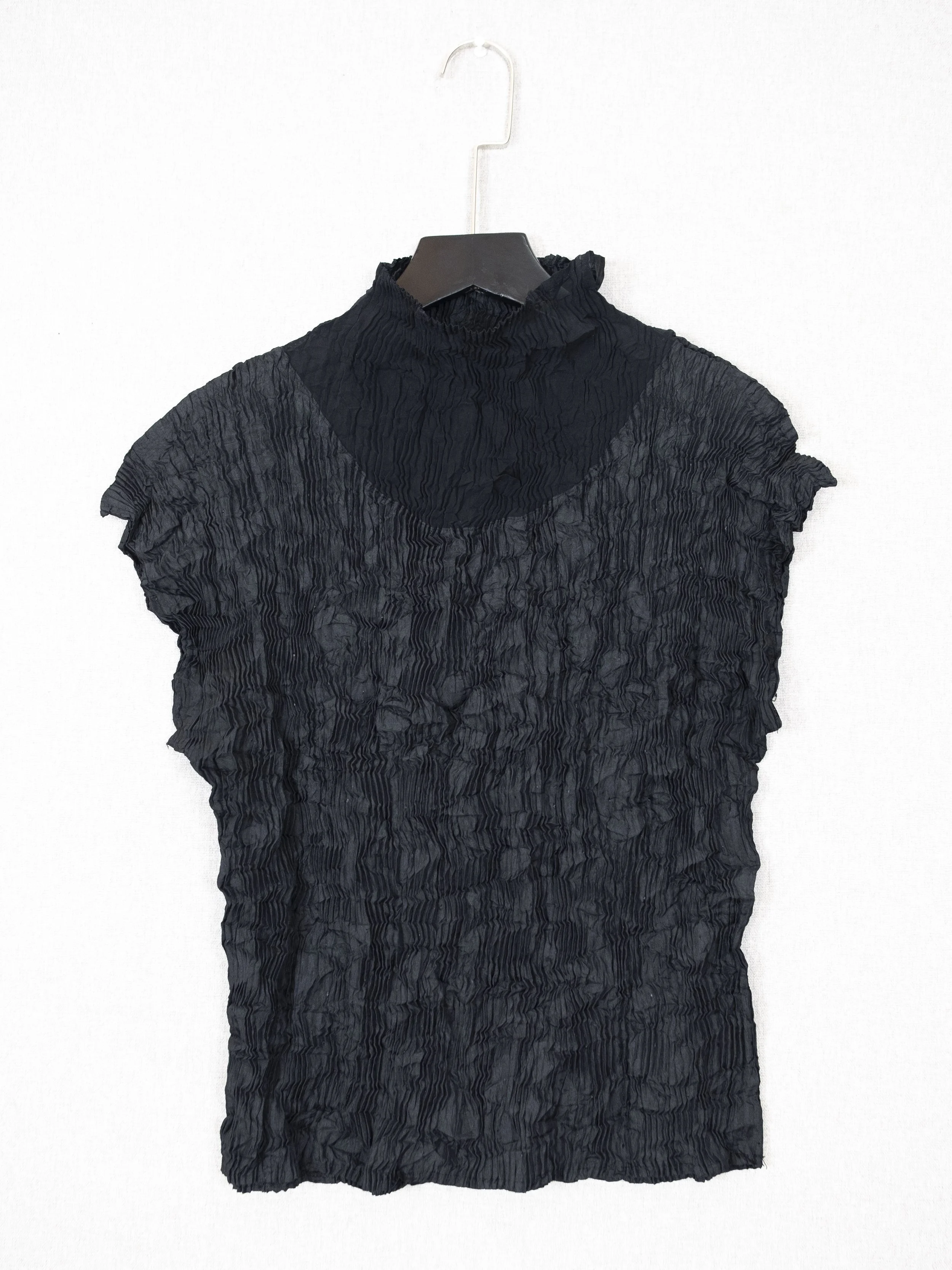 Crinkled Smocked Cap-Sleeve High-Neck Top