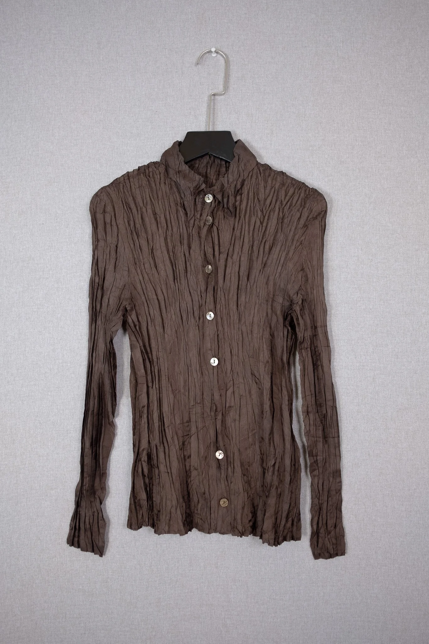 Chocolate Crinkled Pleat Button-Up Shirt