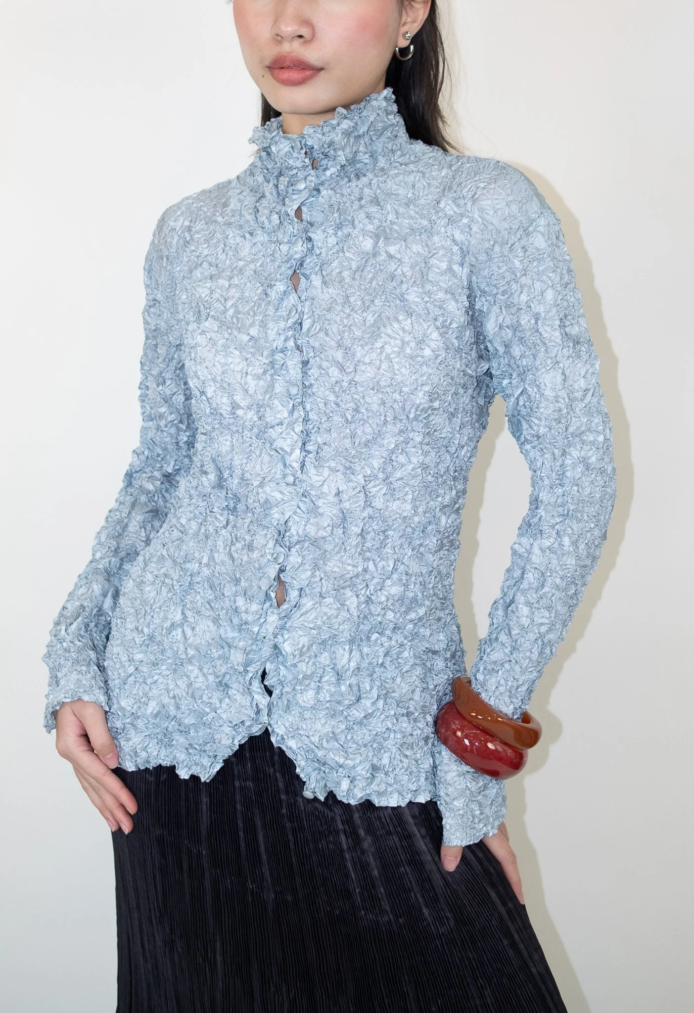 Ice Blue Shard-Pleated Popcorn Button Shirt