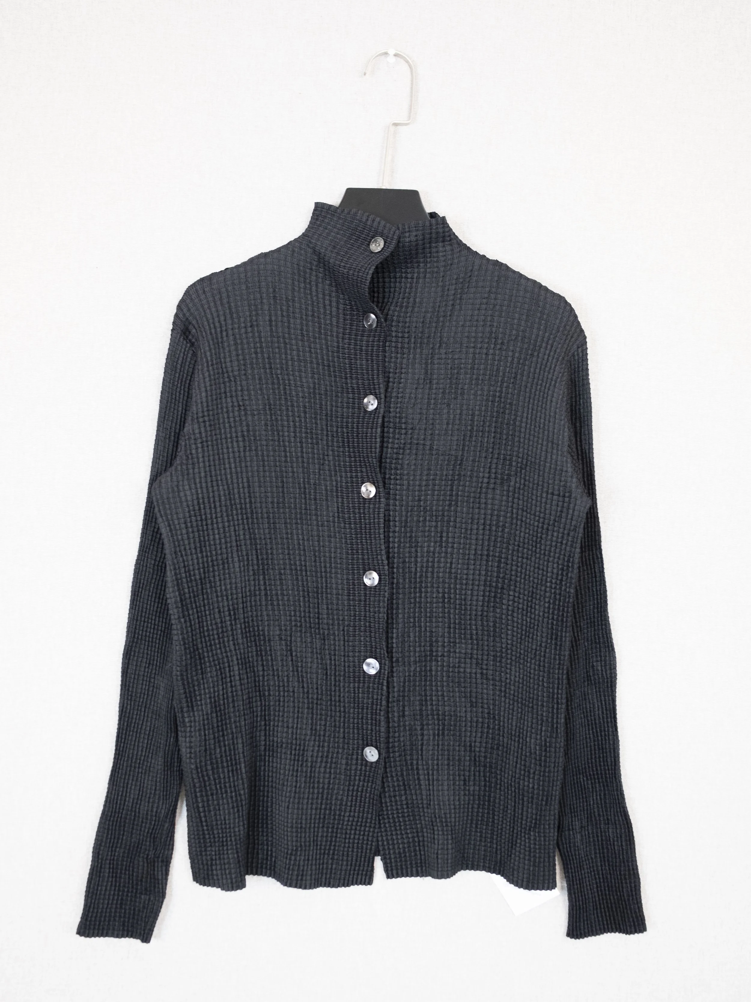 Black Waffle Pleated High-Neck Button-Up Shirt
