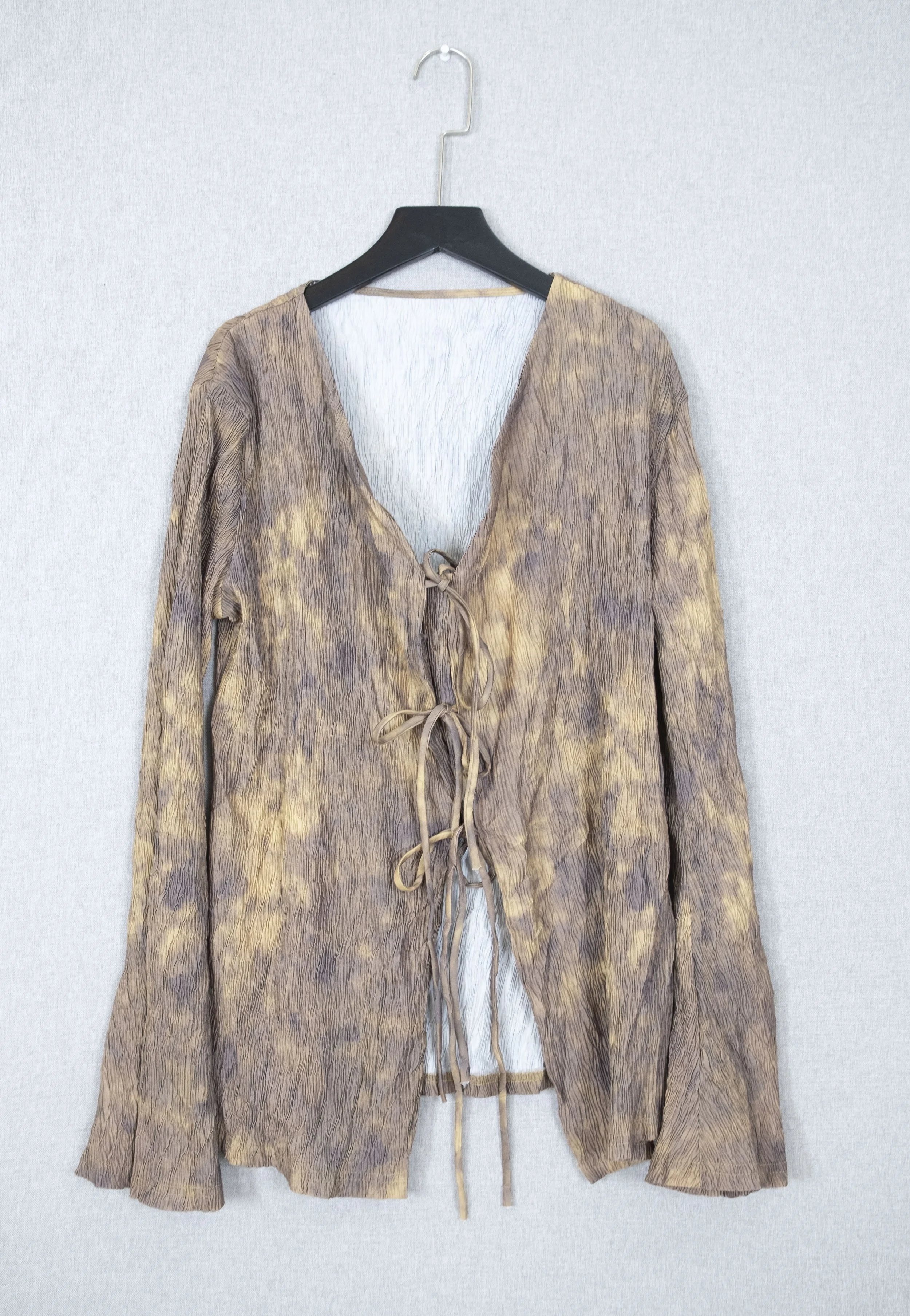 Crinkled Tie-Front V-Neck Blouse