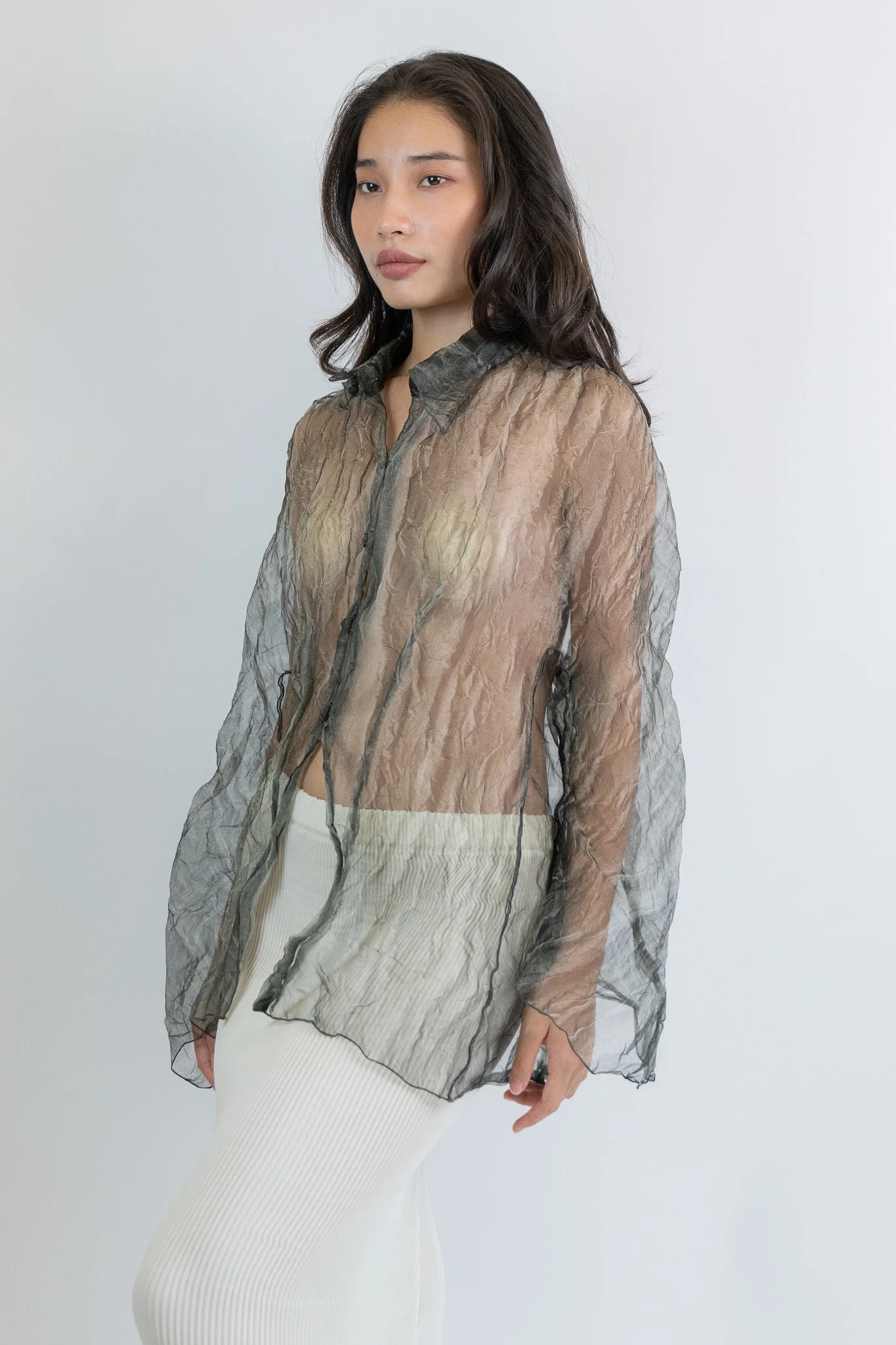 Chiffon Sheer Crumpled Buttons Up