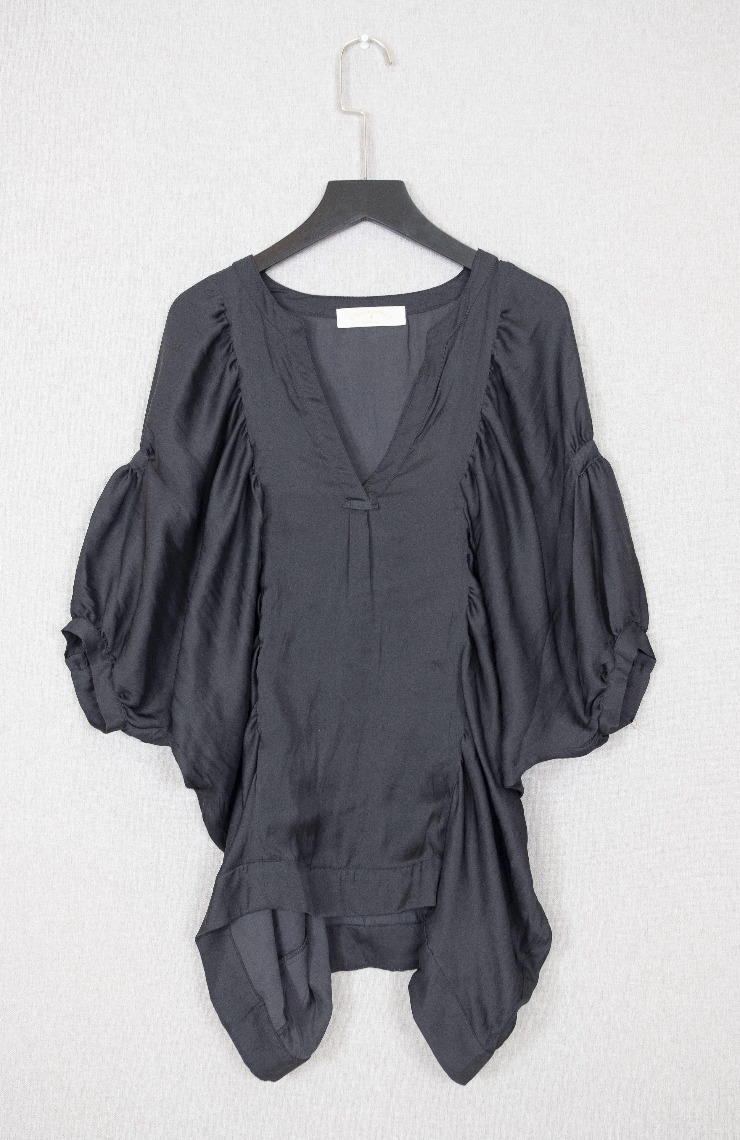 Soft Satin Gathered-Sleeve Blouse with Split V Neck