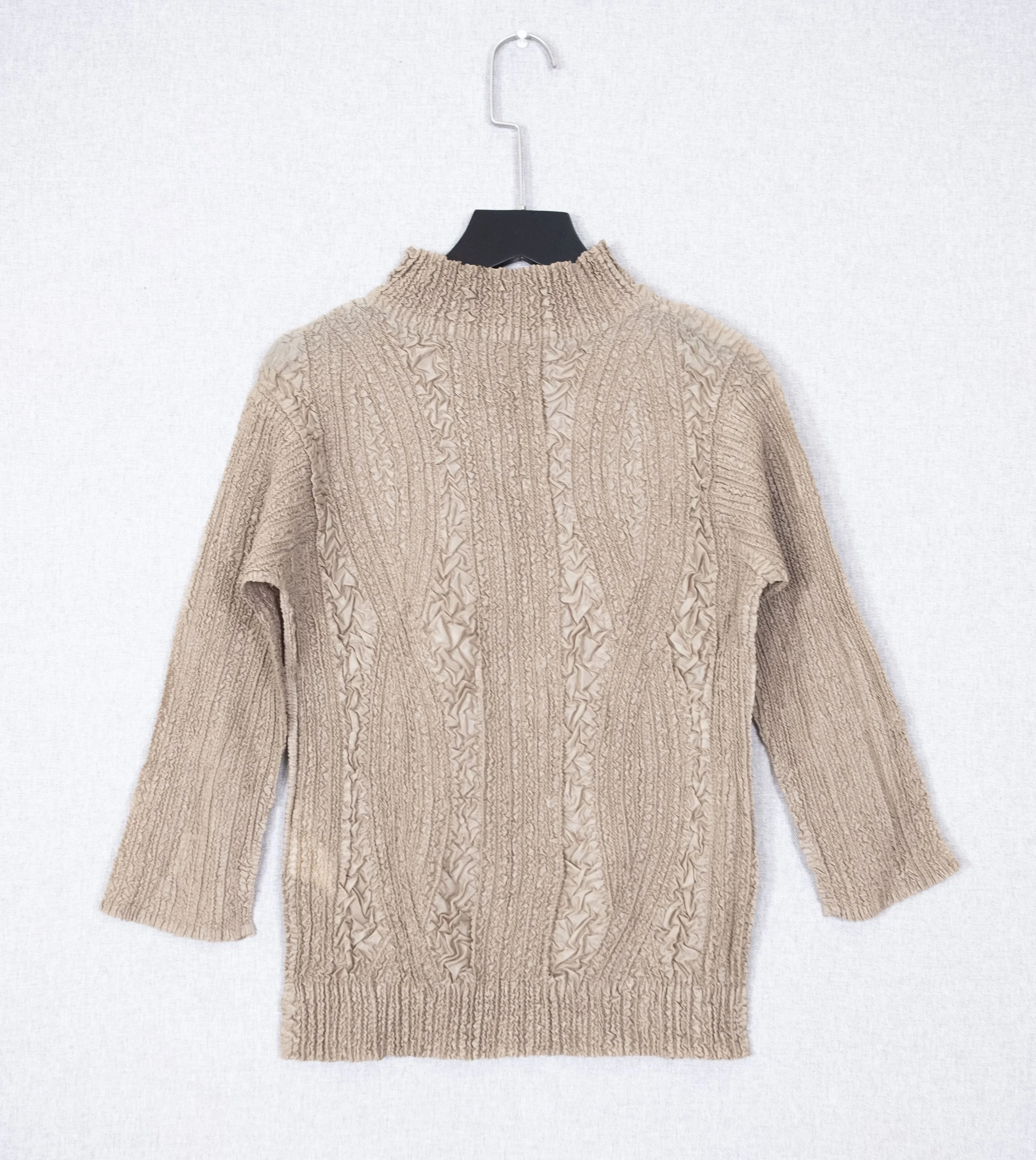 Rose Nude Knit Pleated Long-Sleeve Mock-Neck Top