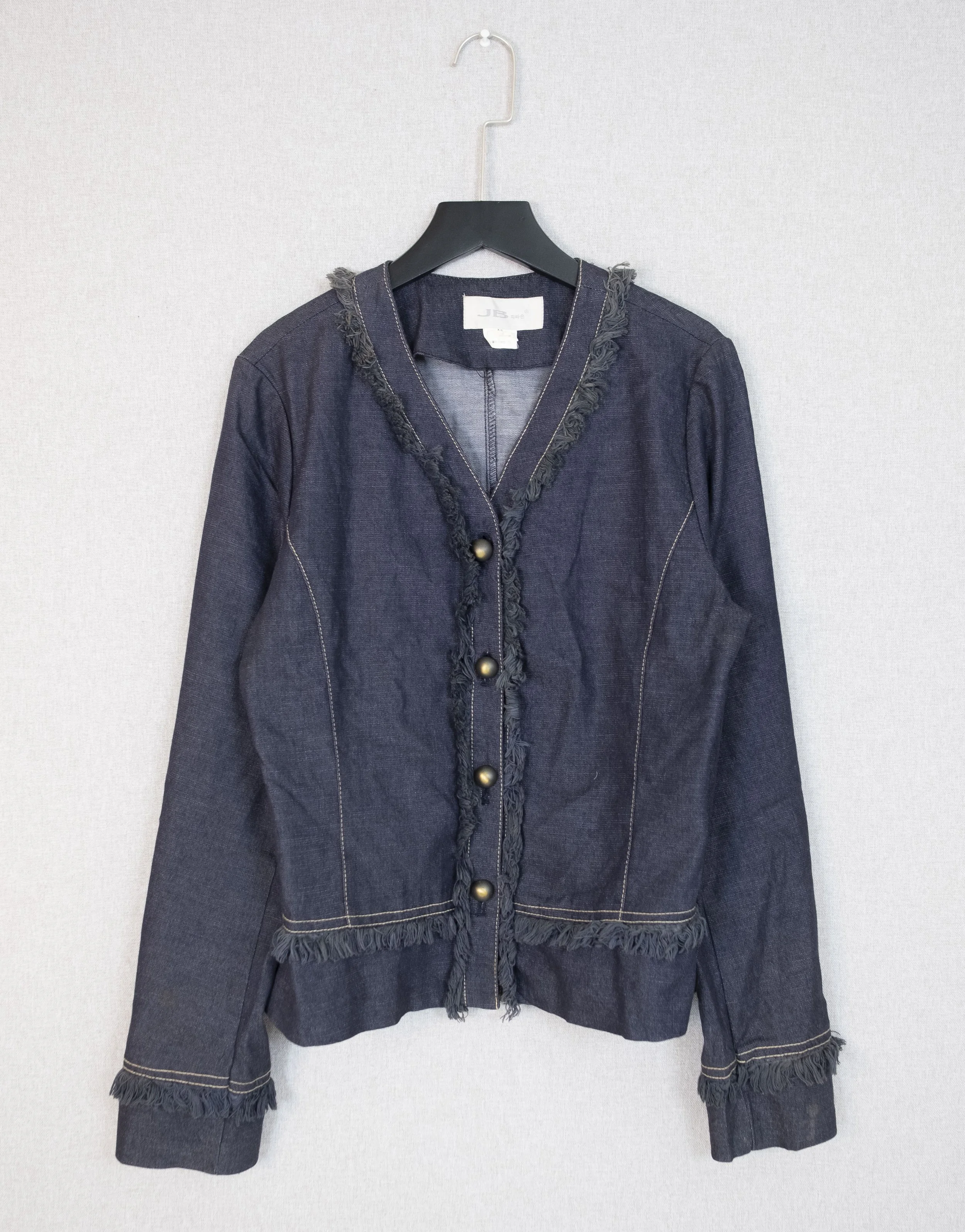 Structured Fringed Dark Denim Button Jacket