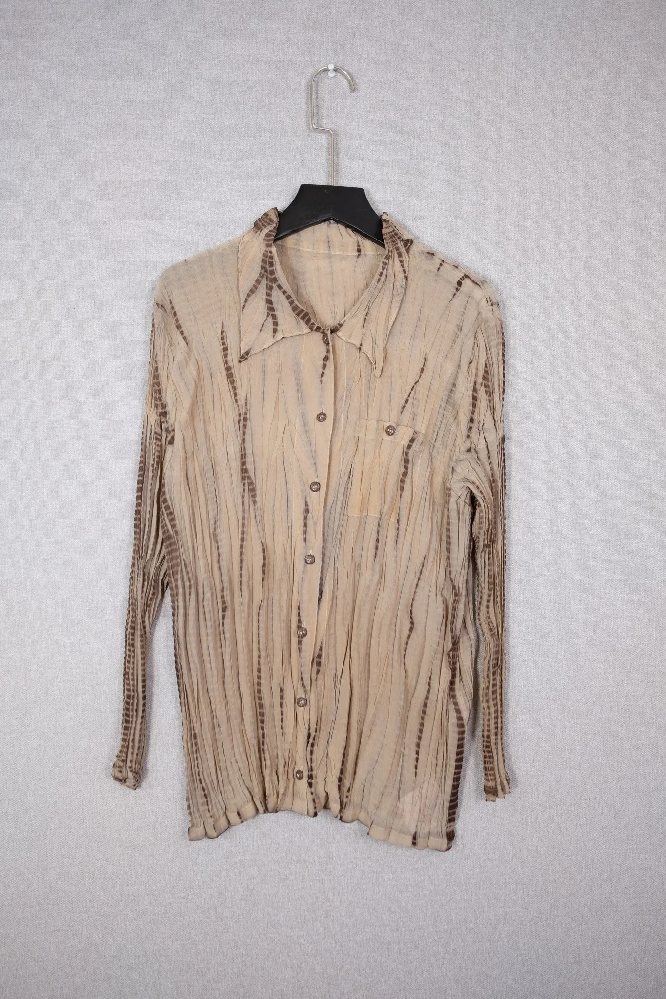 Taupe Crinkle-Pleated Sheer Shirt