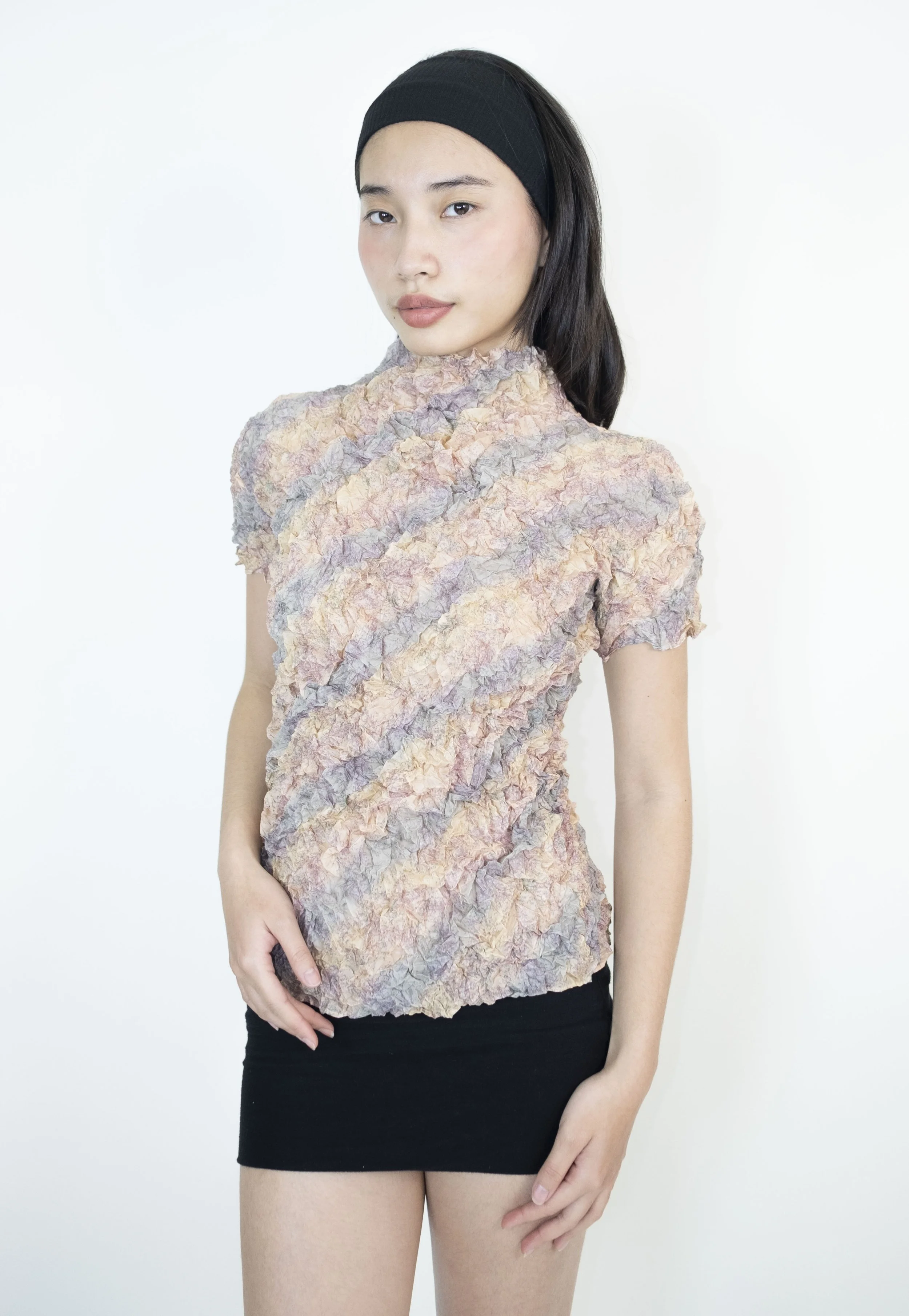 Multicolor Crinkled Short-Sleeve High-Neck Top