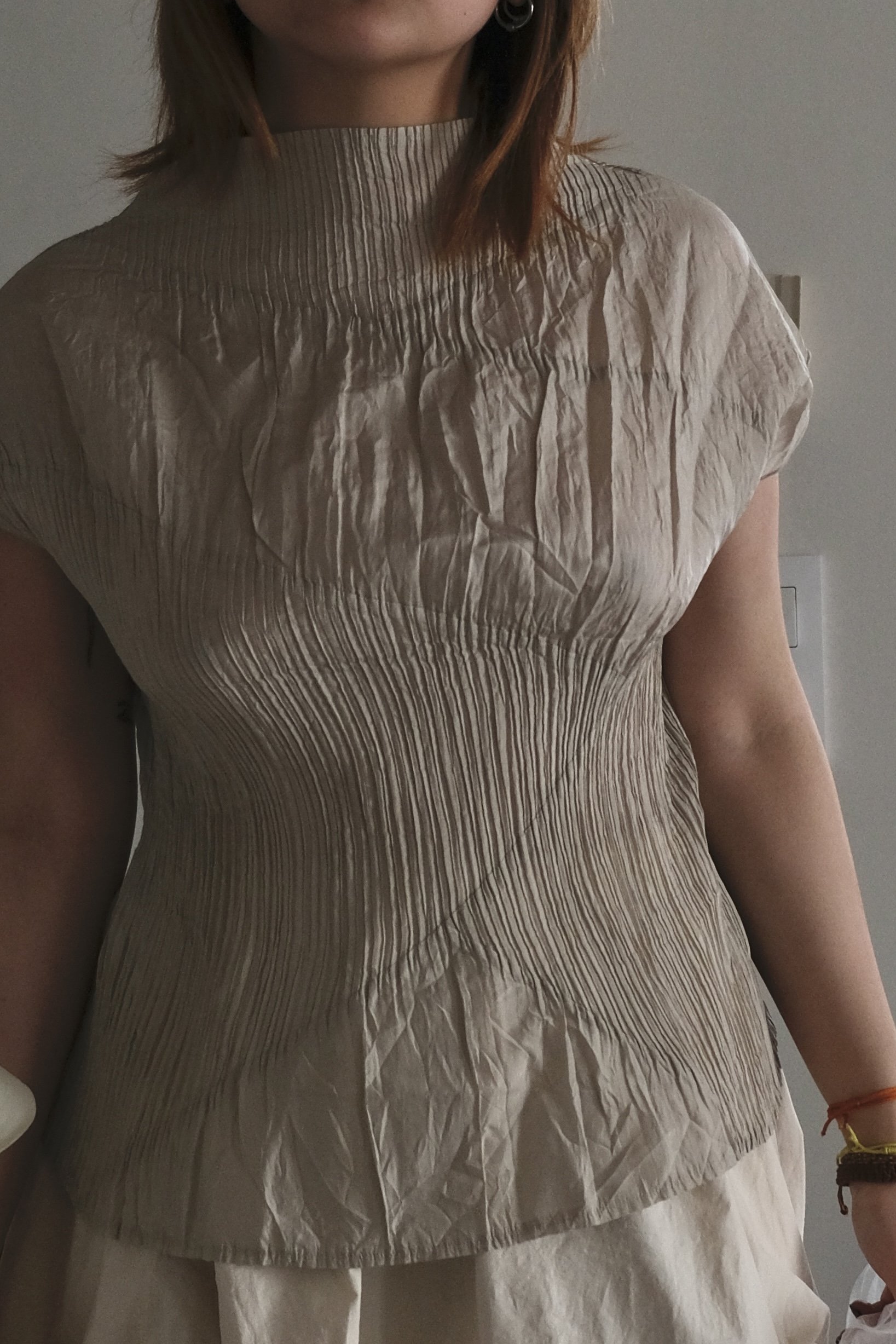 Beige Flare Pleats High Neck Top