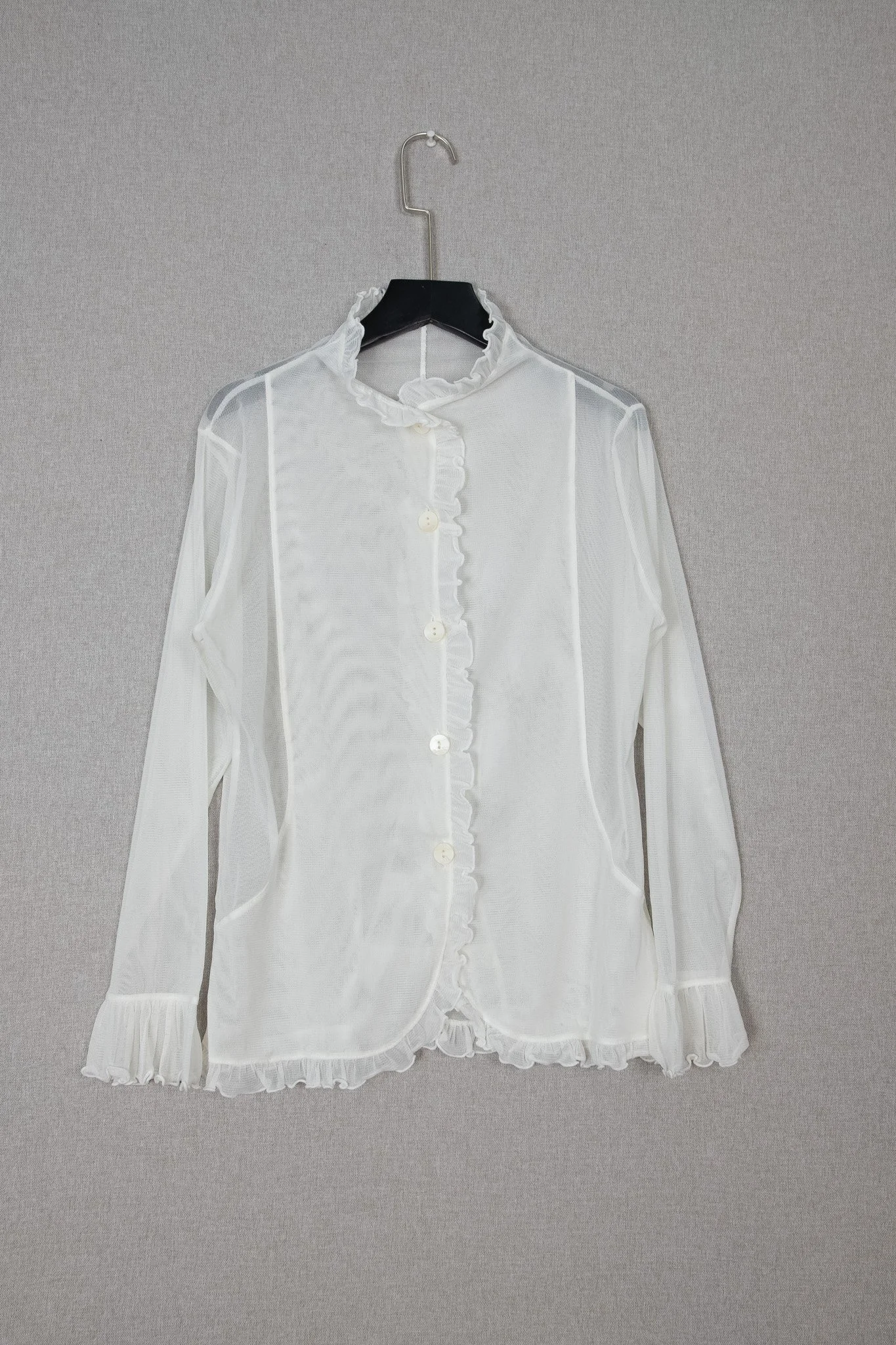 Sheer White Mesh Ruffle-Trim Button Blouse