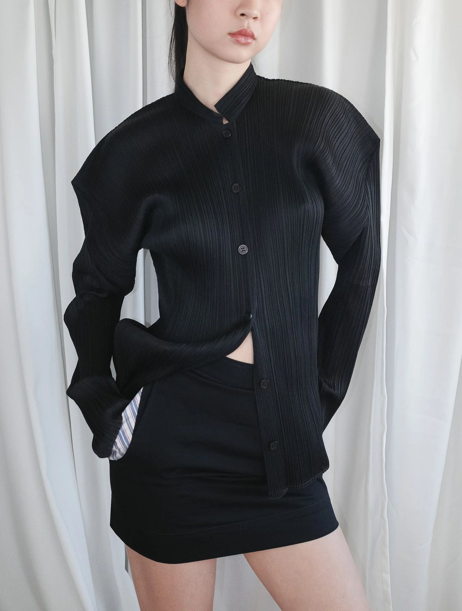 Pleats Please Issey Miyake Mandarin Collar Classic Pleated Buttons Up