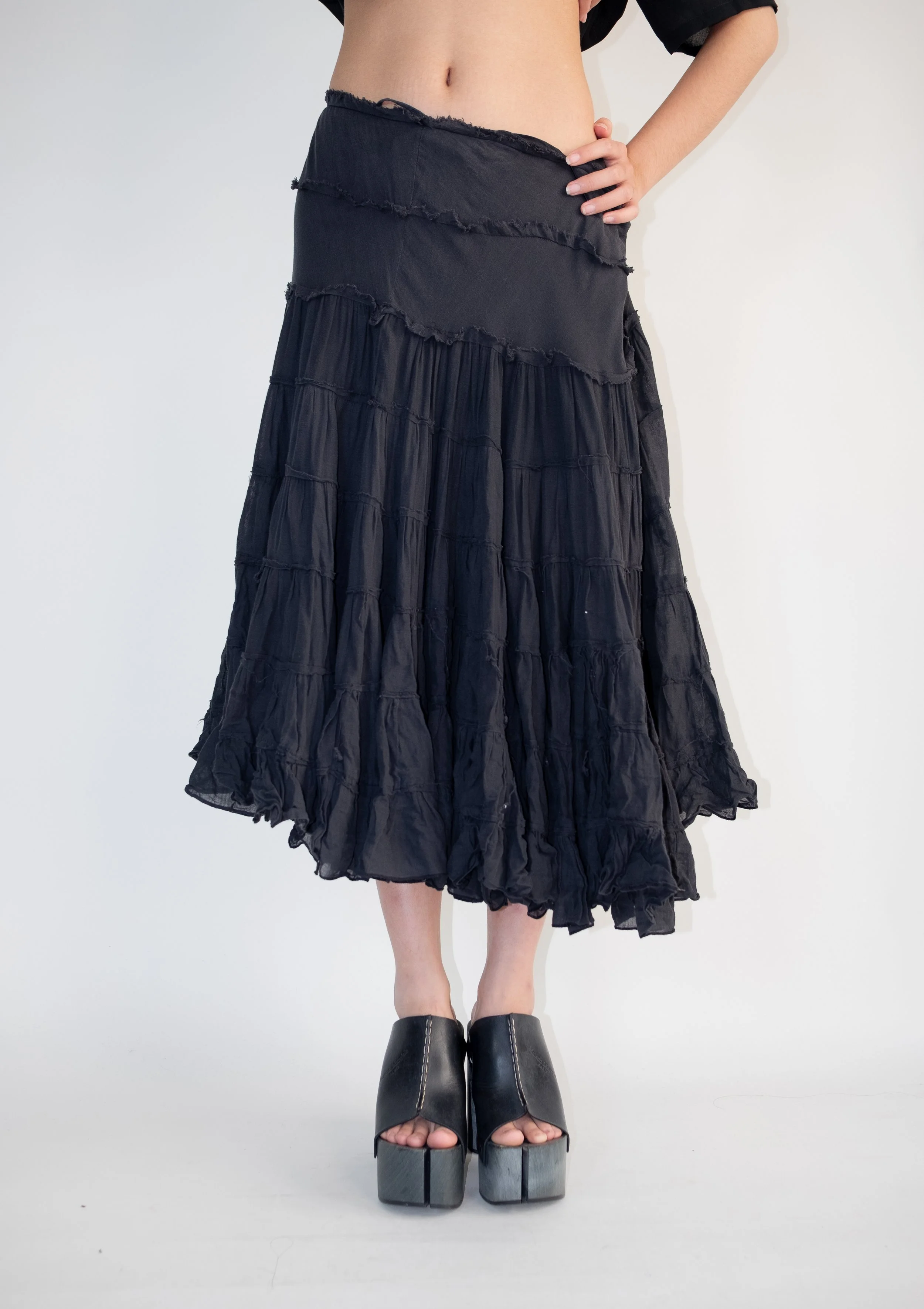 Black Tiered Crinkled Midi Skirt