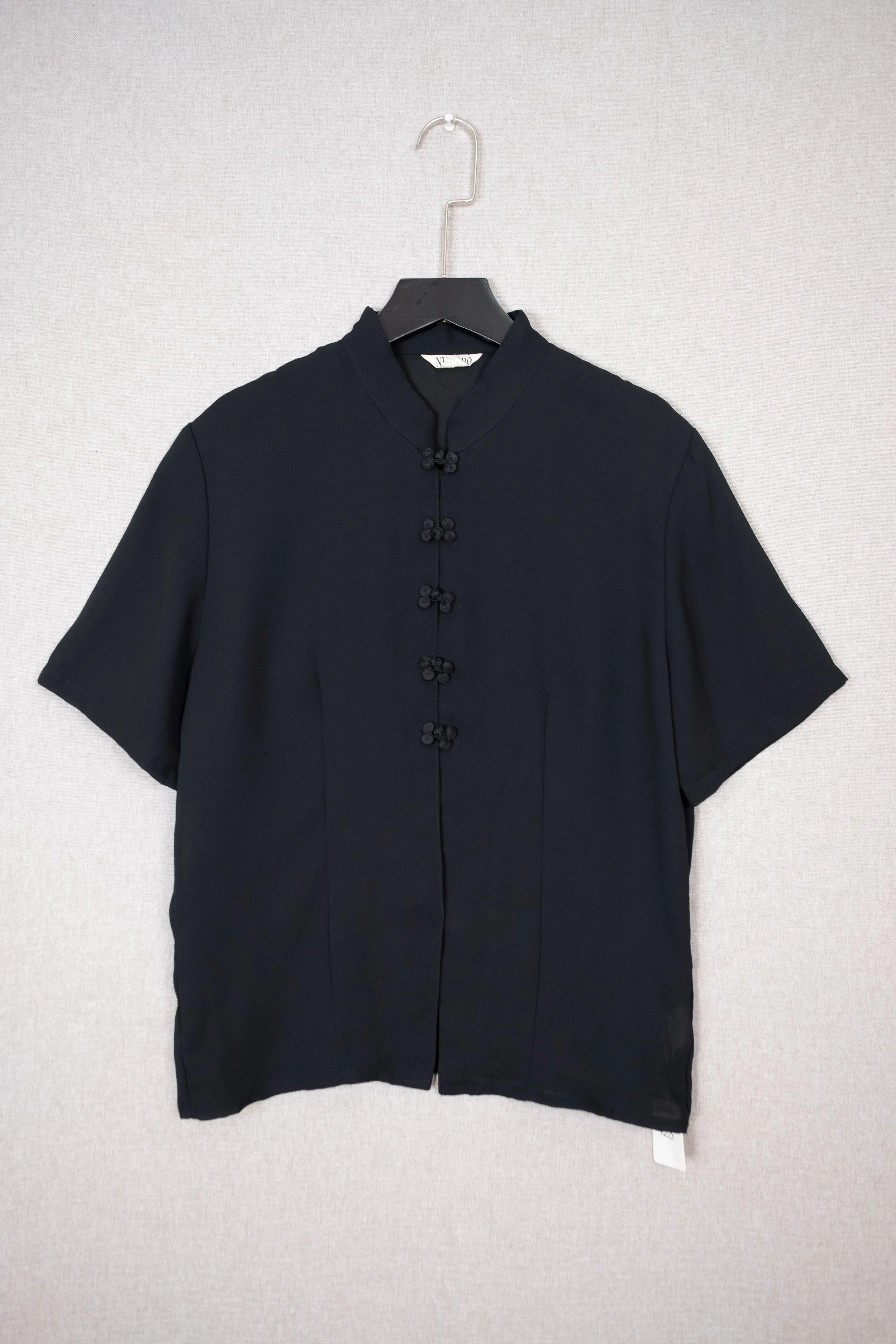 Black Mandarin Collar Frog Button Blouse