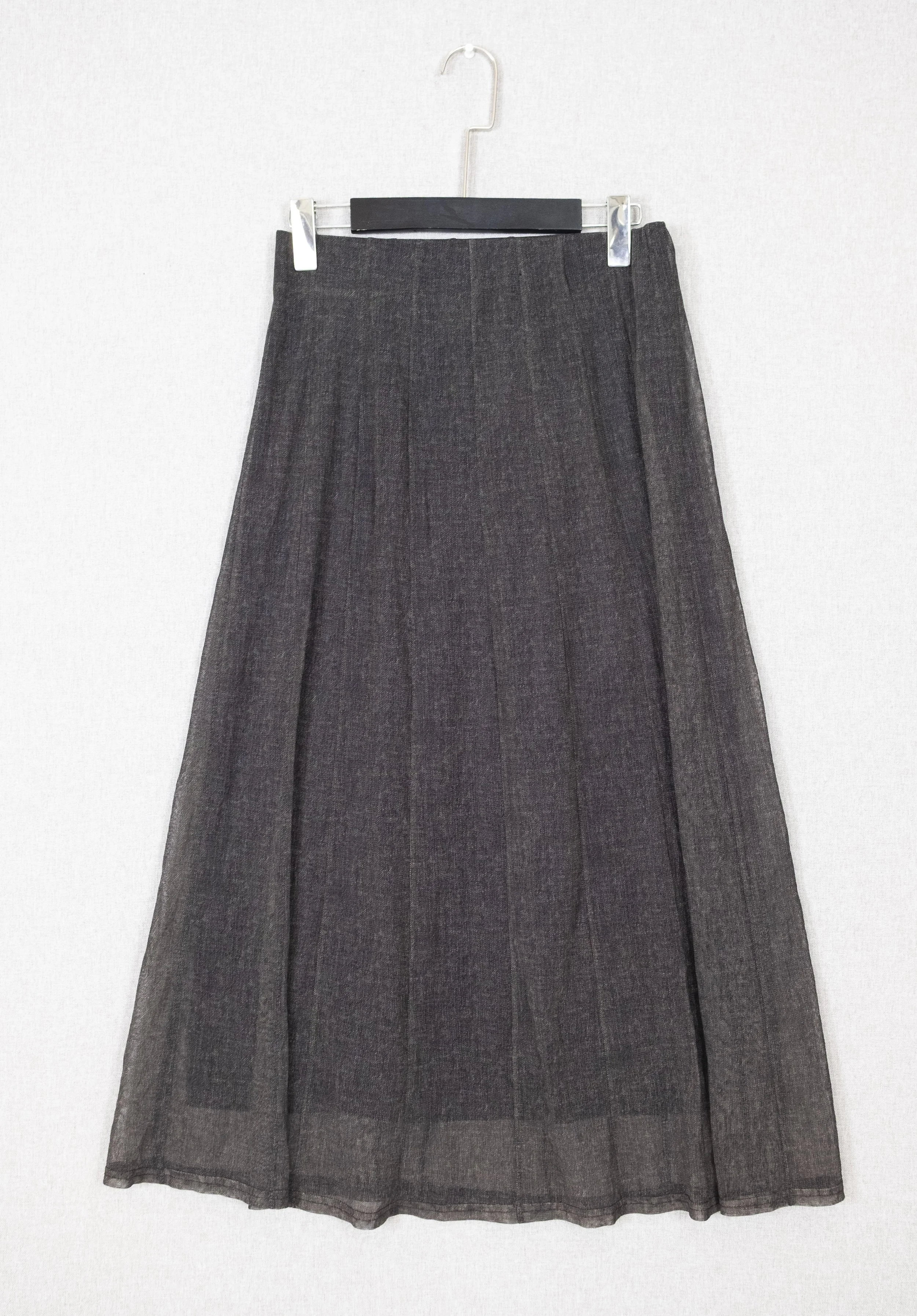 Sheer-Overlay A-Line Midi Skirt with Subtle Pinstripe