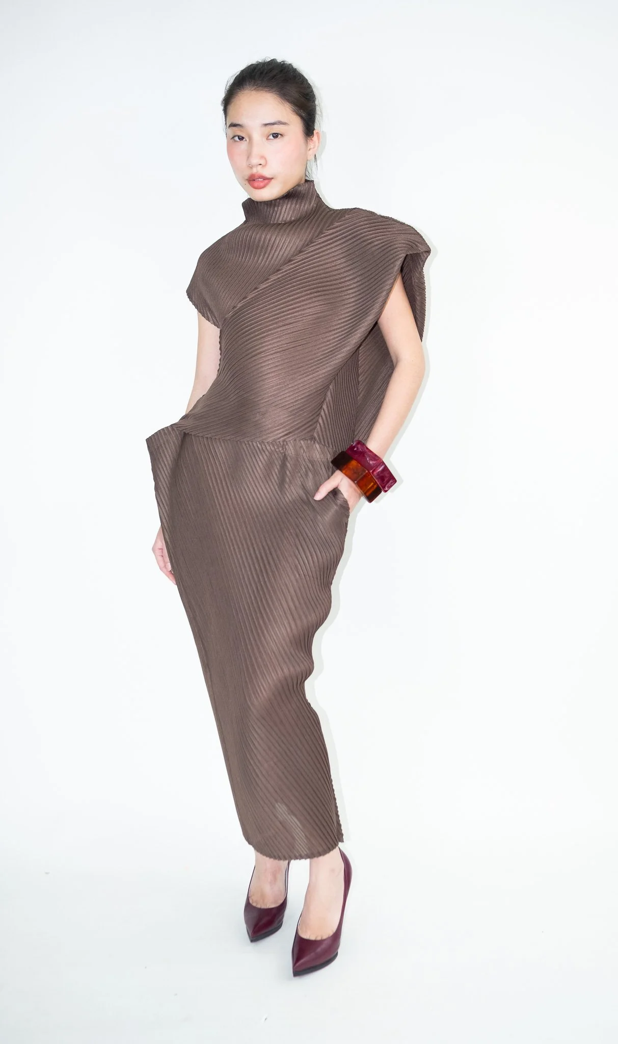 Sculptural Brown Pleated High Funnel Neck Top