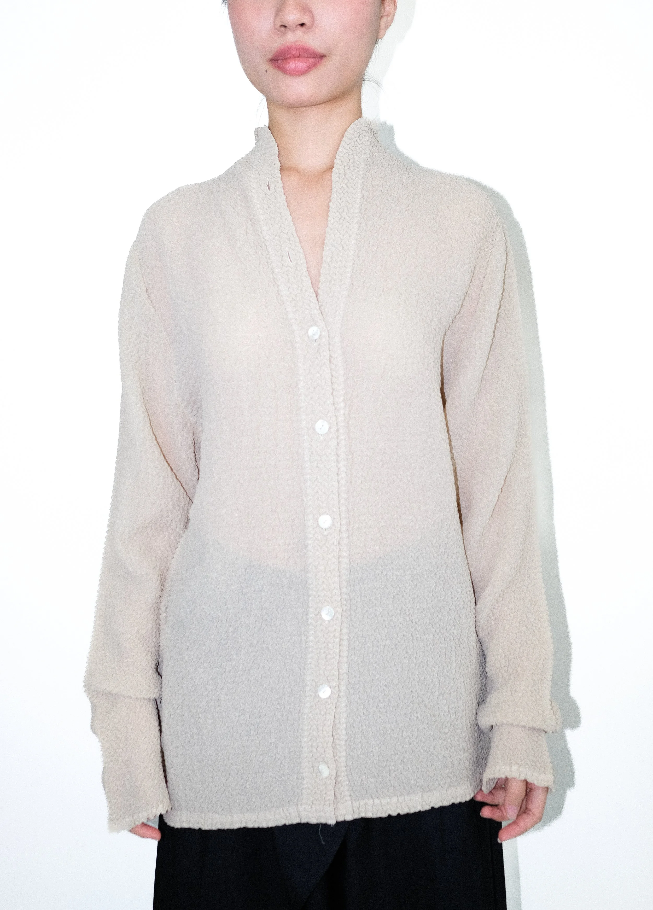 Semi Sheer Waffles Pleated Boxy Shirt