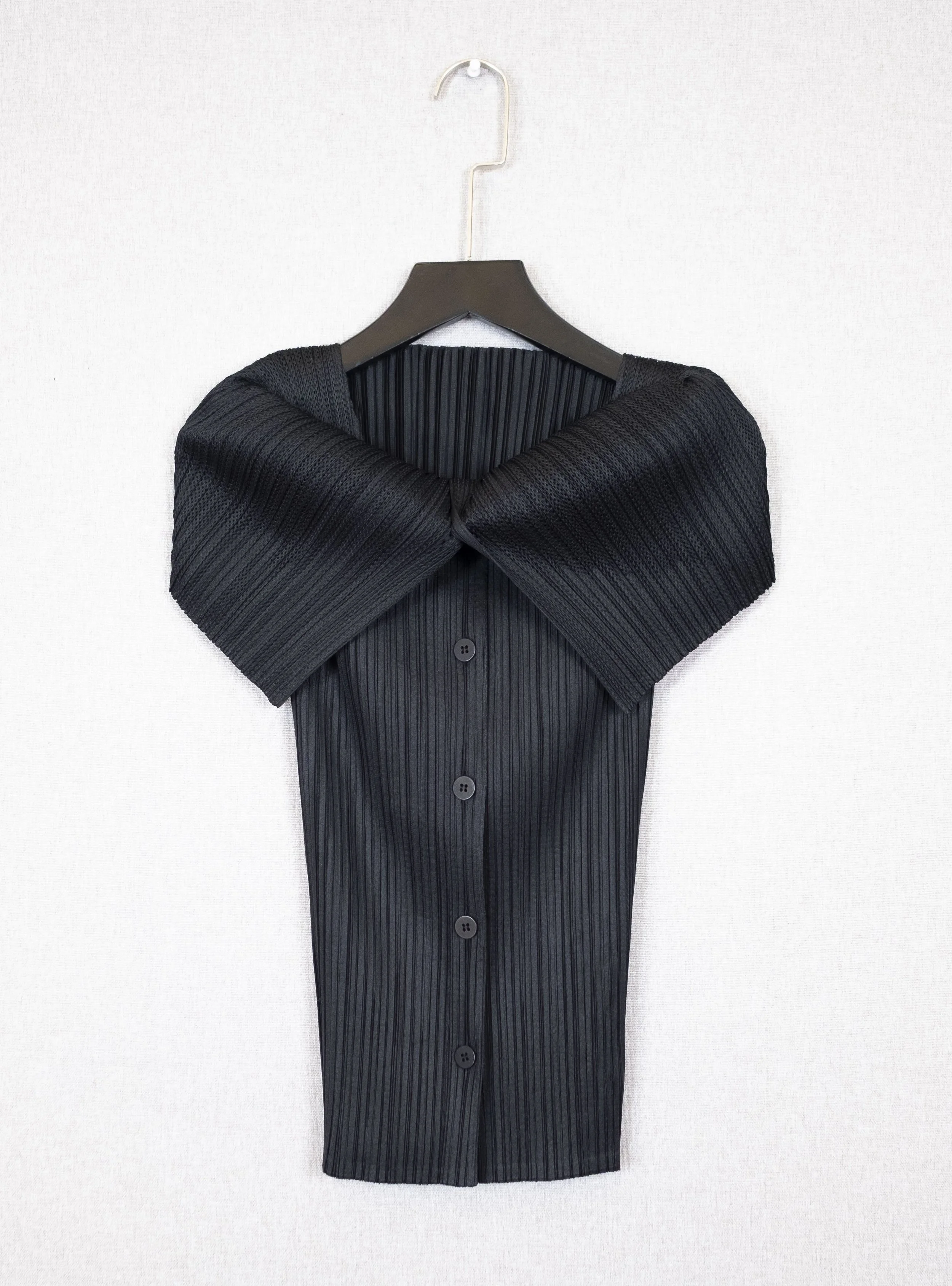 Sculptural Black Pleated Fold-Over Collar Top