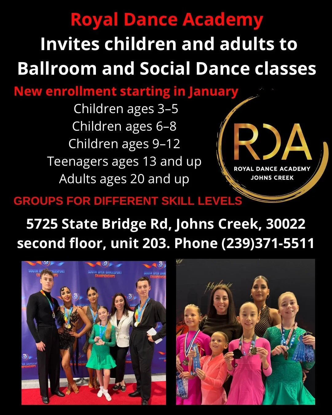 Please Share 🙏
Royal Dance Academy invites you! 
Ballroom( Waltz, Tango, Viennese Waltz, Foxtrot, Quickstep.  Latin (Cha-cha-cha, Samba, Rumba, Paso Doble, Jive. 
Social ( Salsa, Bachata, Merengue, Mambo, Swing. 
✨ ‼️New enrollment starting in Janua