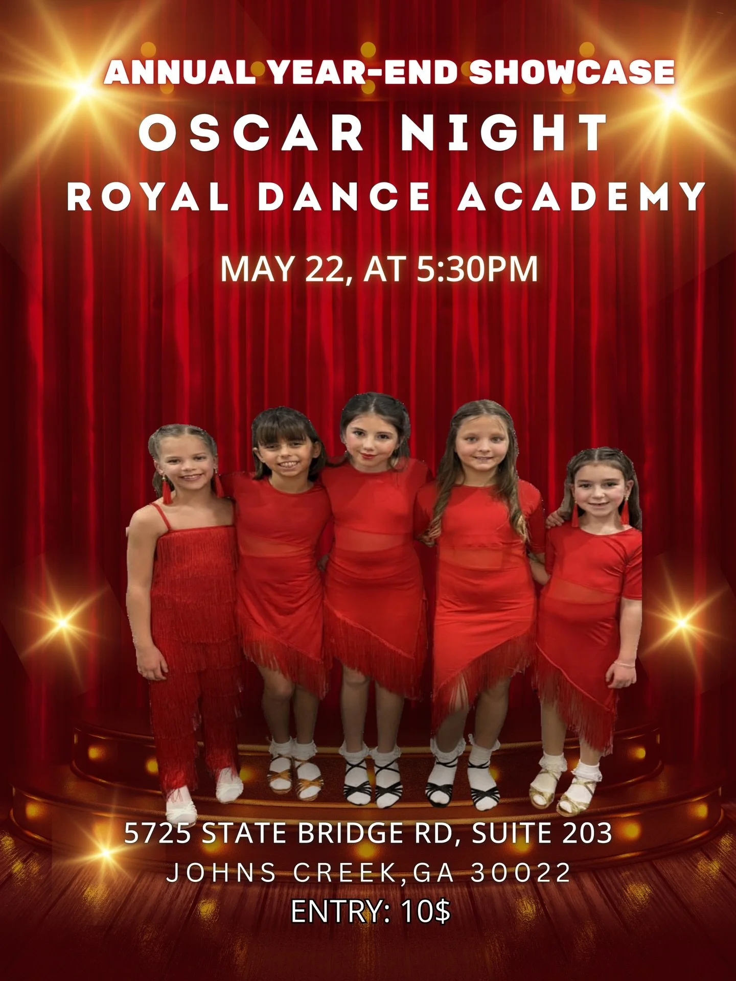 ✨ ANNUAL YEAR-END SHOWCASE ✨
🎬 Oscar Night at Royal Dance Academy

Join us for a spectacular evening of dance, talent, and unforgettable performances! Our students will take the stage and shine like stars 🌟

📅 May 22, 2026
⏰ 5:30 PM
📍 5725 State 