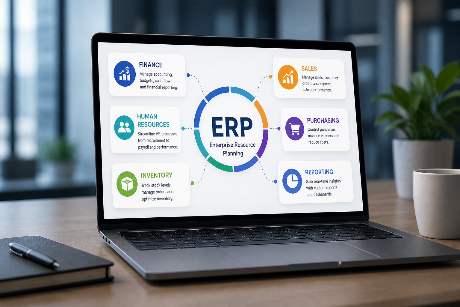 Laptop displaying a diagram of Enterprise Resource Planning (ERP) functions, including finance, human resources, inventory, sales, purchasing, and reporting, on a wooden desk with a pen, notebook, a potted plant, and a coffee mug nearby.