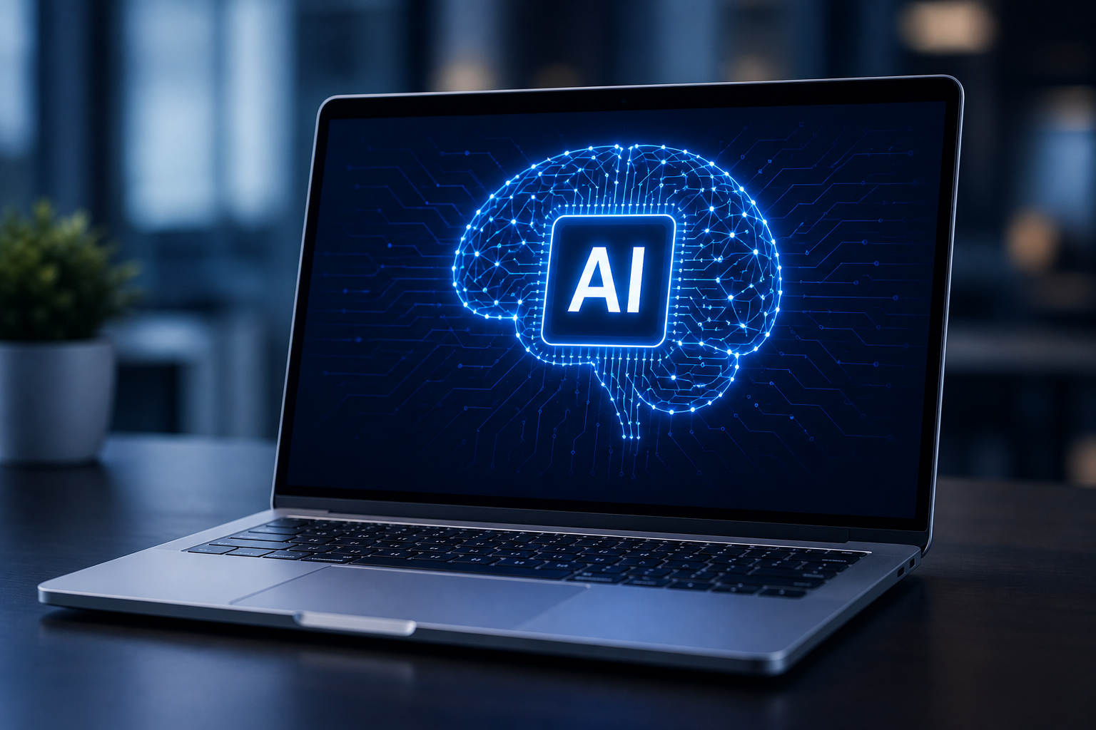 Laptop computer with a digital illustration of a brain made of connecting lines and an AI symbol on the screen.