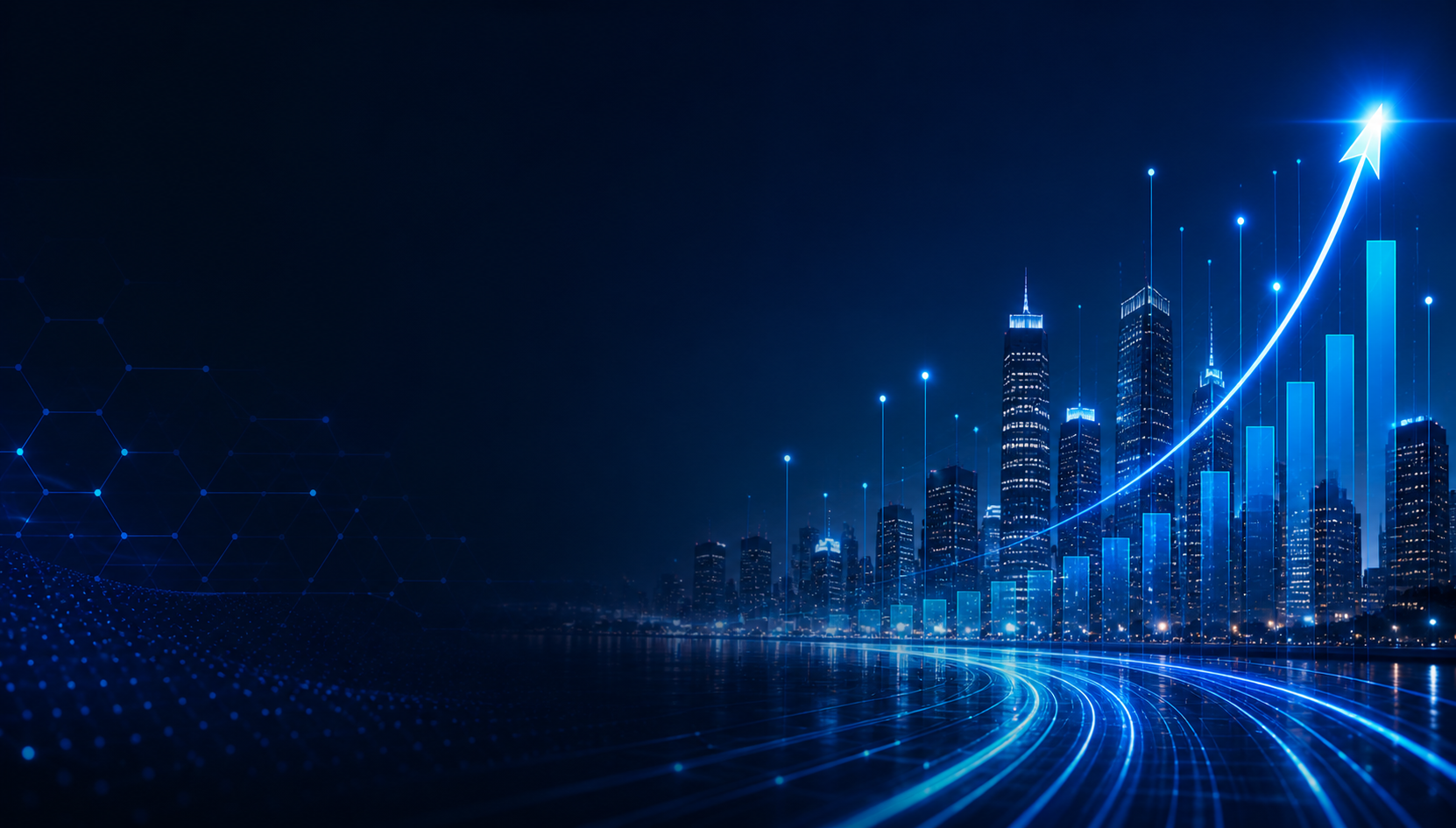 Digital cityscape at night with glowing blue skyscrapers and upward trending financial graph overlay.