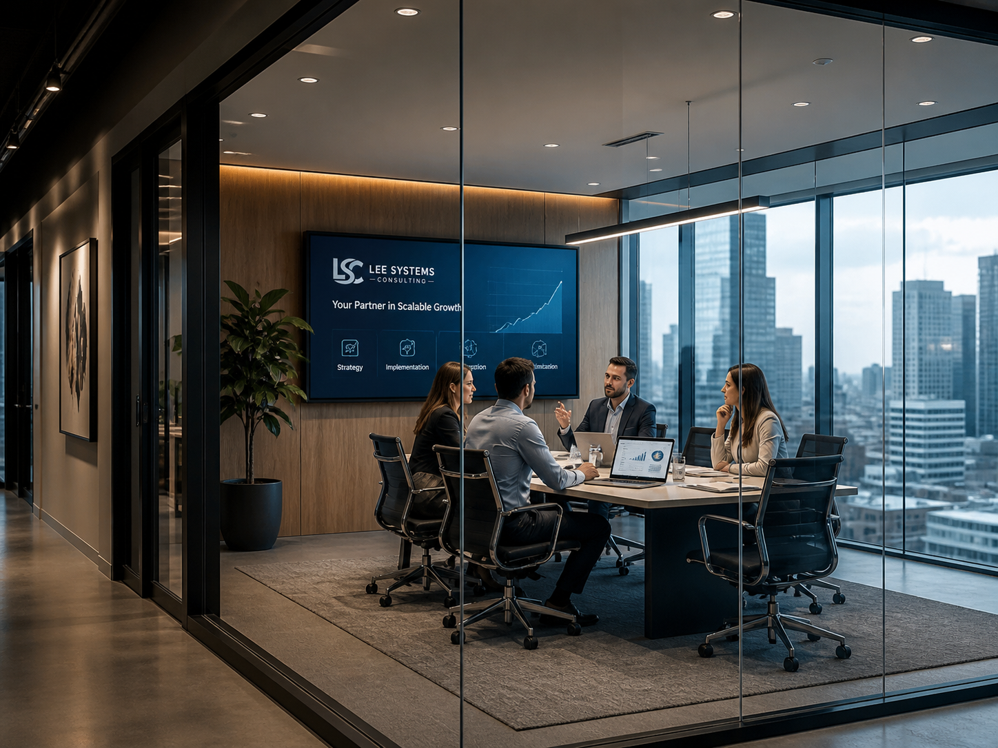 Business meeting in a modern conference room with four people sitting around a table, discussing, with a large screen displaying a presentation from Lee Systems Consulting, featuring a graph and keywords like strategy and implementation, in a high-rise office with city view windows.