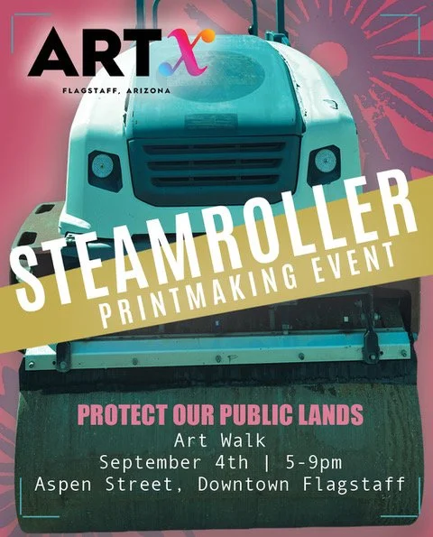 Image of a big teal steamroller with text advertising the printmaking event